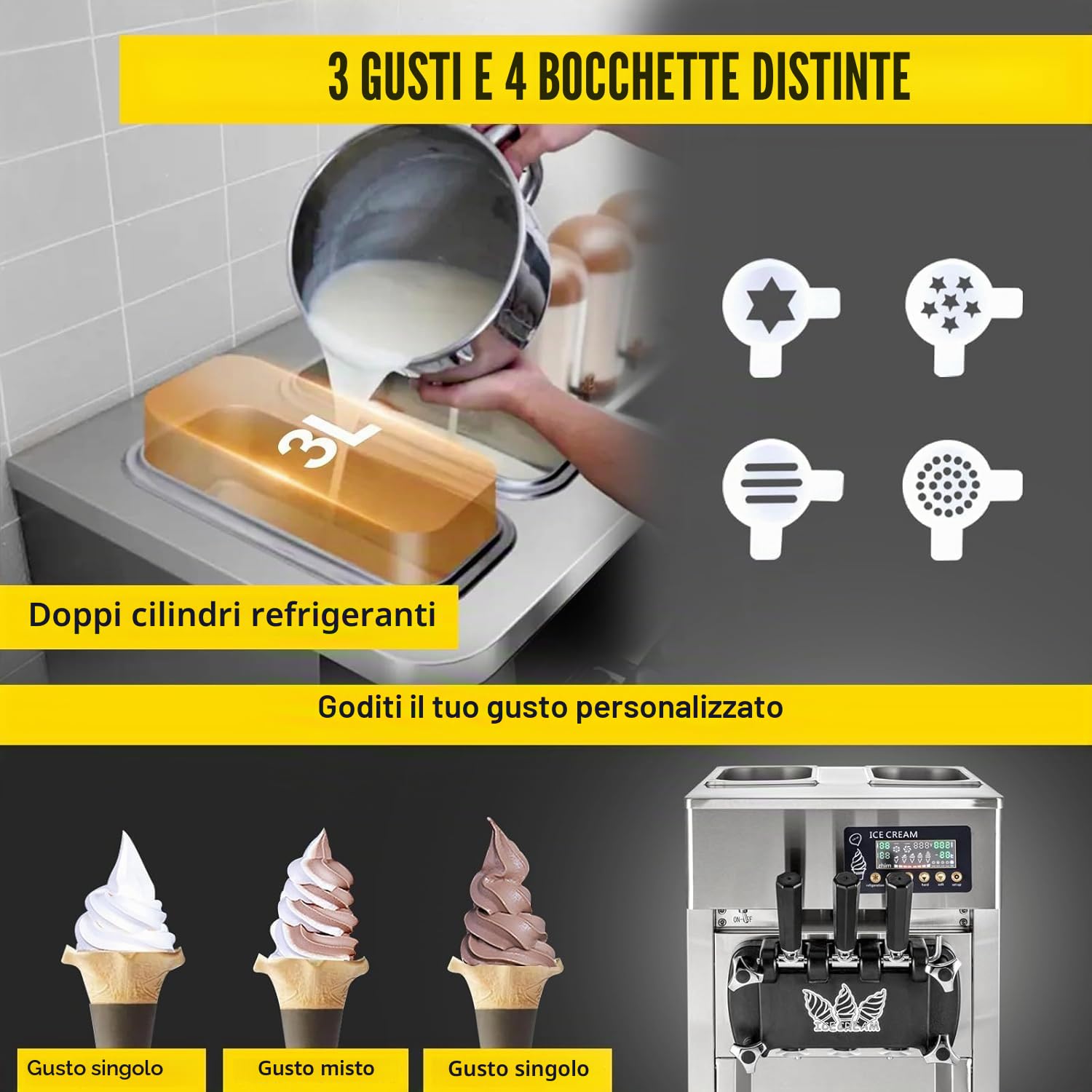 Macchina per Gelato Commerciale 18L/H 3 Sapori, 1200W macchina gelato soft professionale, Pannello LCD, Pre-Raffreddamento Pulizia Automatica, per Yogurt Caffè Snack-Bar Ristorante