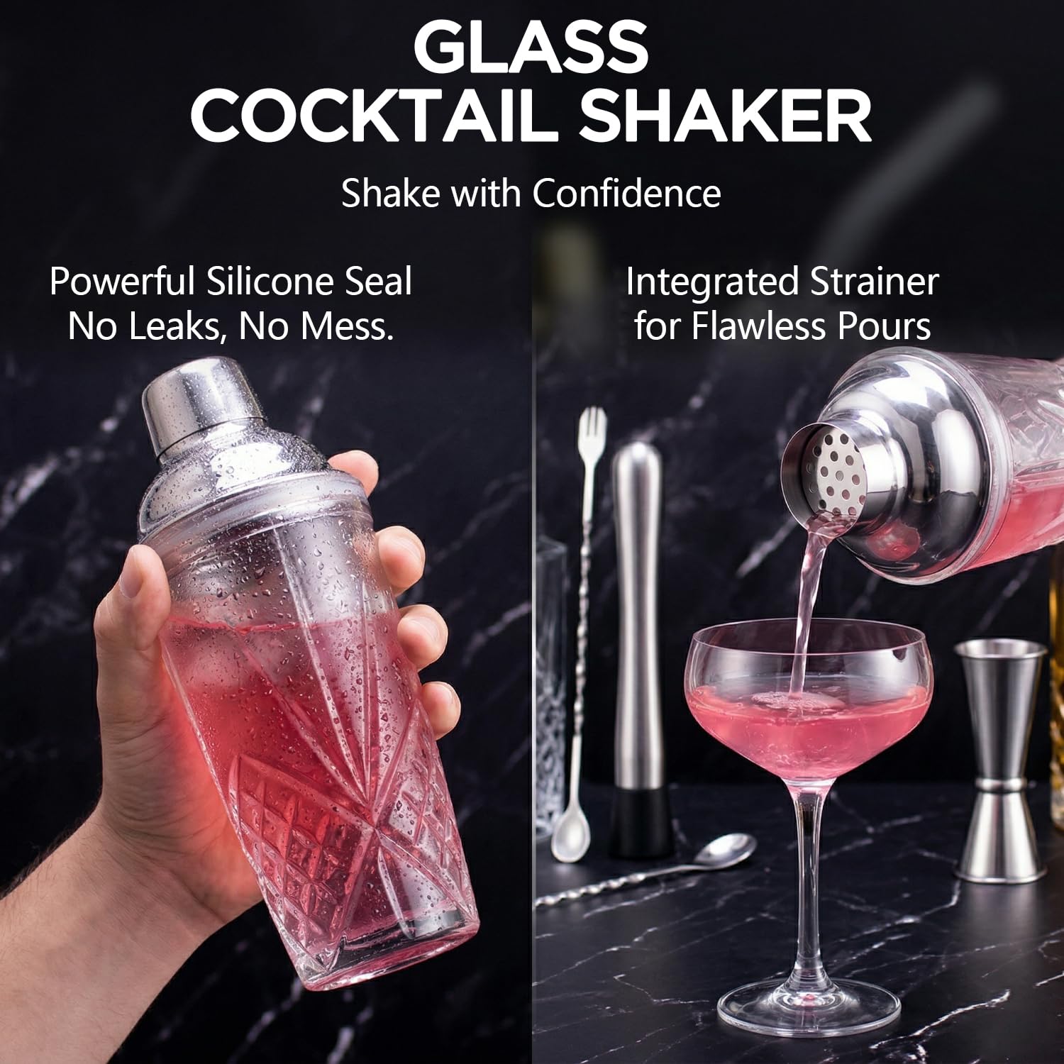 Set di shaker per cocktail, in vetro, set di shaker per cocktail, shaker per Martini con colino, per bar, whisky, cocktail (set argento)