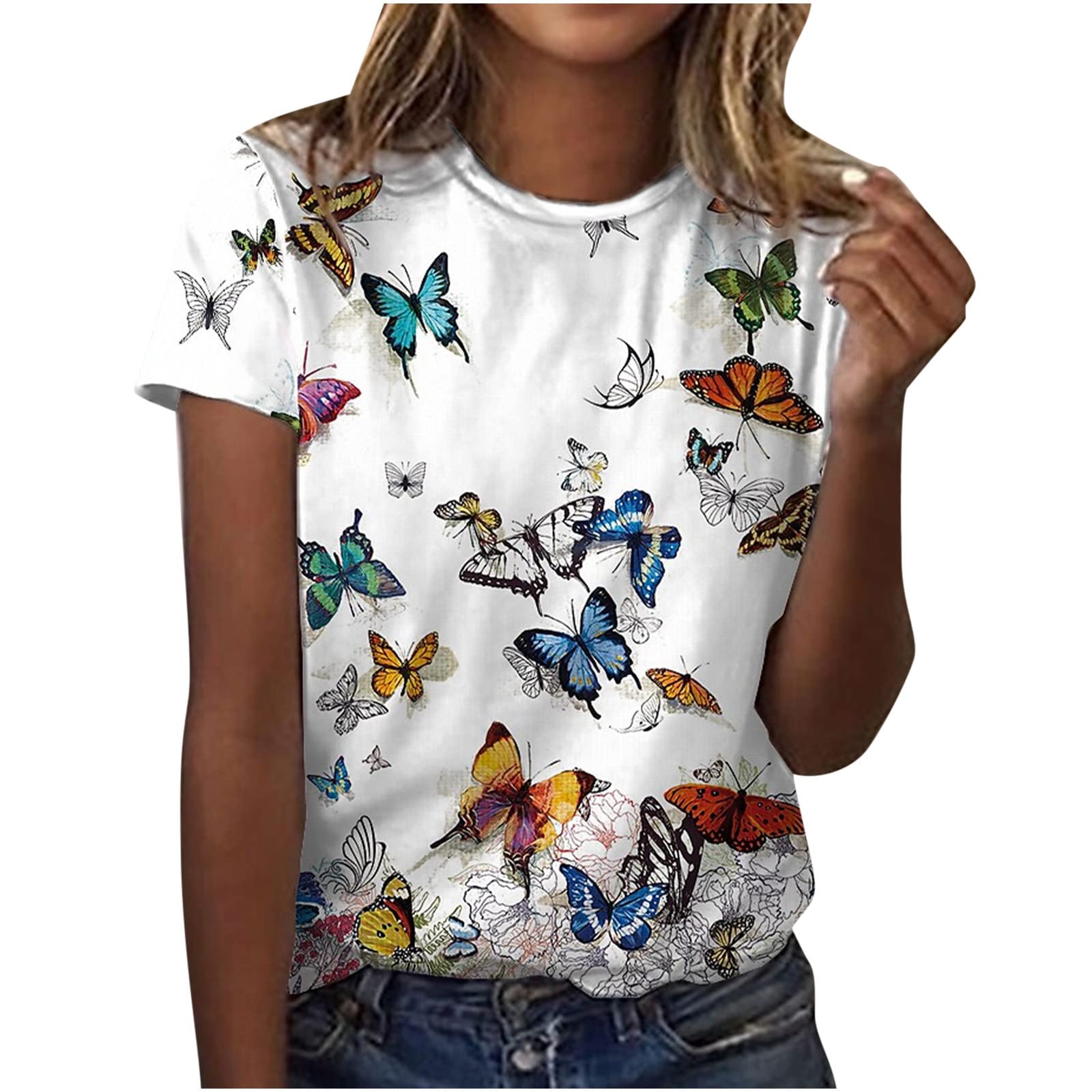 NUSGEAR 2024 Camiseta de Manga Corta Mujer Moda impresión Mariposas libélula Camisa Verano Suelto Cuello Redondo Tumblr Tops Casual Fiesta T-Shirt Original Basic tee Talla Grande Camisetas Blusa