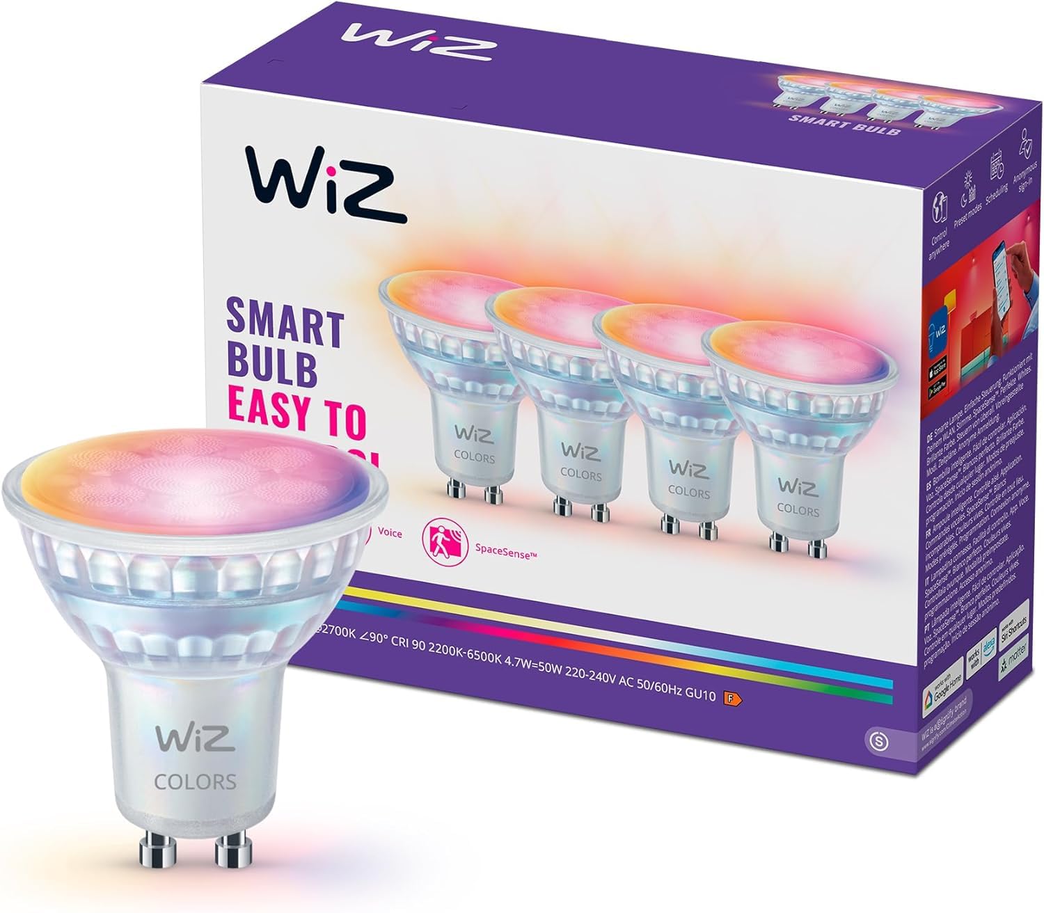 WiZ Faretto smart LED in vetro GU10, Confezione da 4 | Luce bianca e colorata, Equivalente 50 W, 2200-6500 K, 345 lm, Intensità regolabile, Smart Home, Compatibile con Alexa