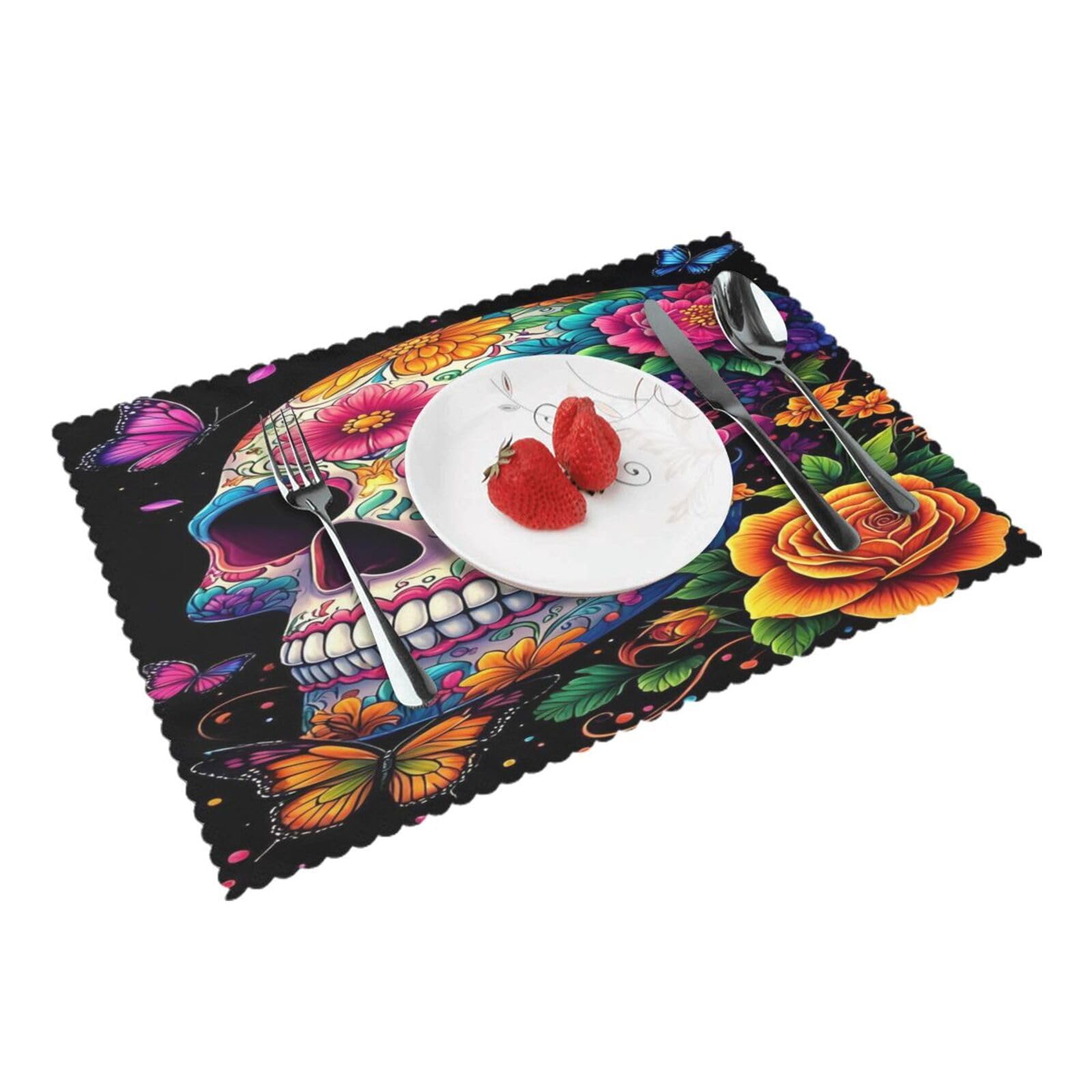 Day of The Dead Floral Skull Art (1) Placemats Set of 4 Print Table Mats Place Mats Table Decor for Kitchen Dining 12X18 in