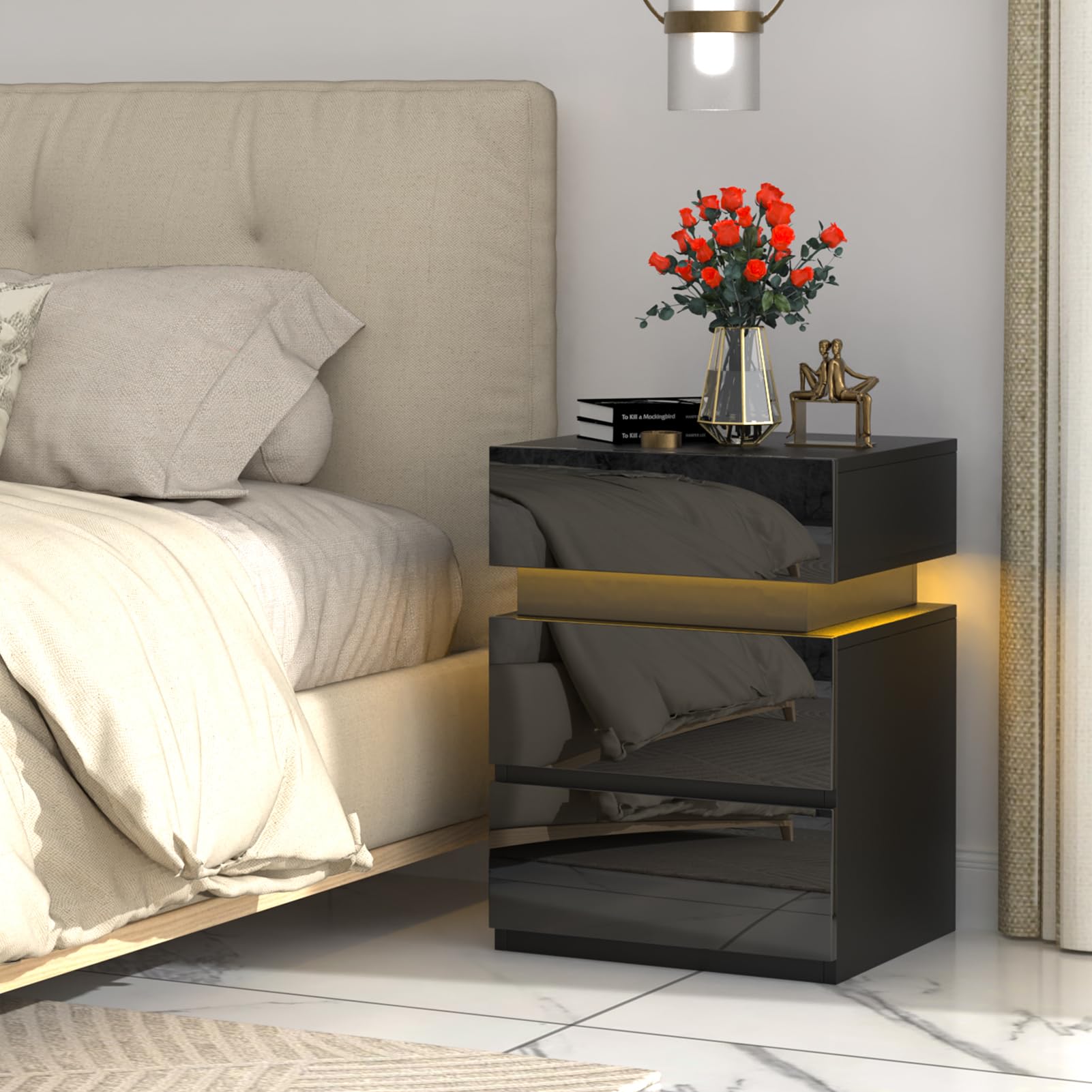 Lvechforhm Comodino con Striscia con illuminazione LED, Comodino Stretto con 3 Cassetti, Tavolino in Stile Moderni, Comodini Camera da Letto 40x35x55cm Nero, per Soggiorno Classico Organizzatore