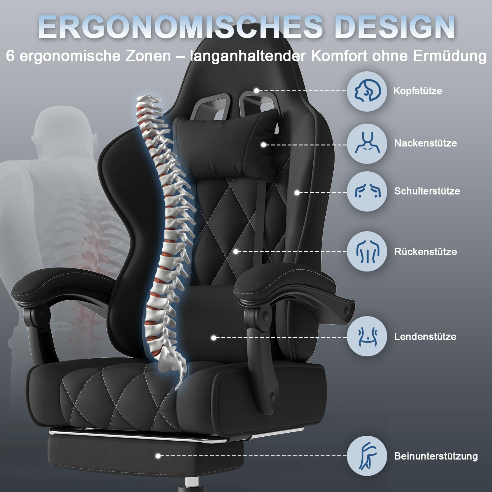 Devoko Gaming Stuhl Stoff ergonomisch mit Massagefunktion und Fußstütze, Taschenfederkernpolster, 135° verstellbar, atmungsaktiv für Home Office oder Gaming Zimmer schwarz