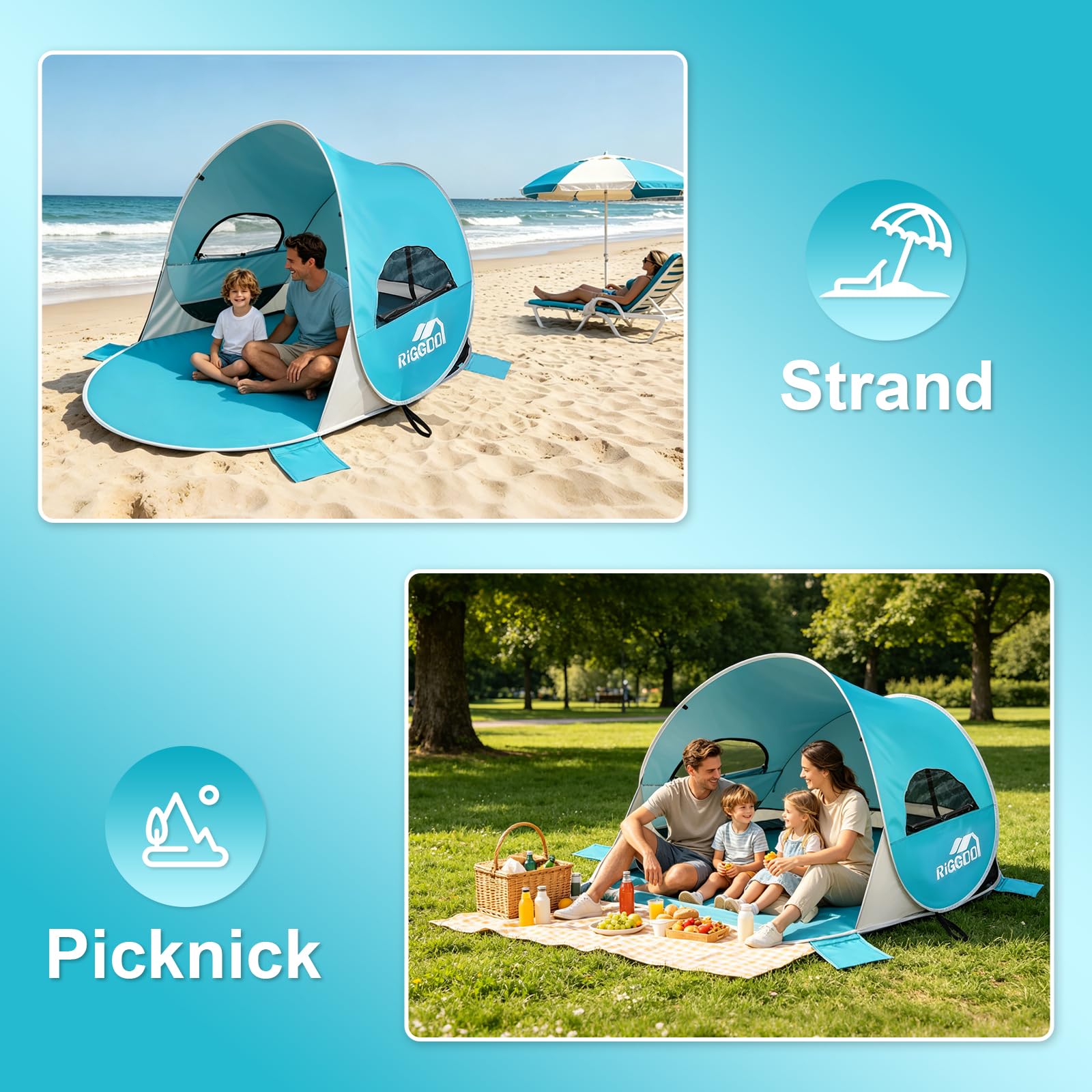 Strandmuschel Pop-Up Strandzelt mit UV-Schutz 50+, 3-4 Personen Zelt, Tragbar Windschutz & Sonnenschutz Wurfzelt Sonnenzelt für Baby Kinder Familie Strand Camping Garten