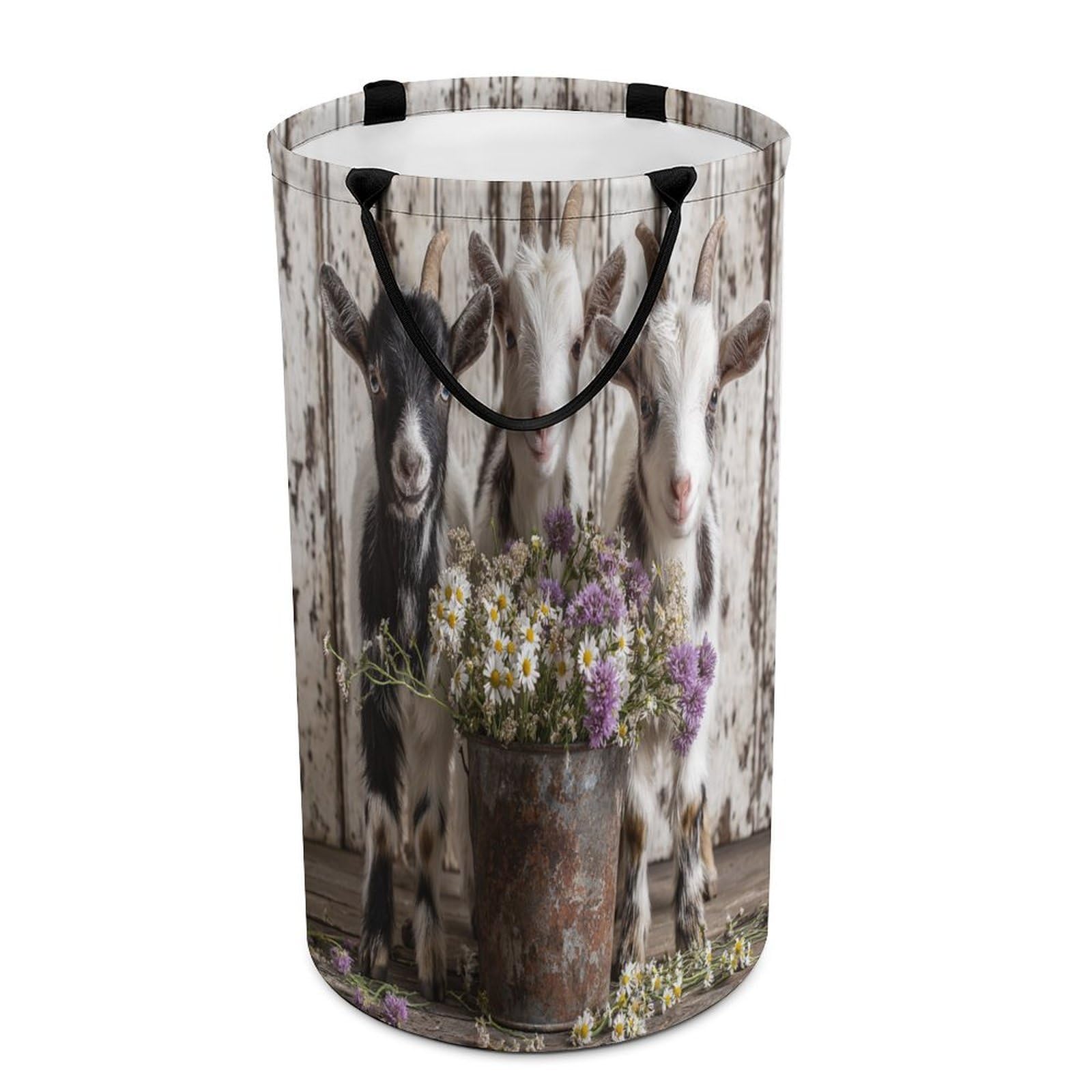 LUYYSKY Funny Realistic Alpaca Versatile Storage Laundry Basket, Cute Oil Painting Farm Wooden Board Animals Sheep Daisies Floral Large Capacity Bathroom Hamper With Handle