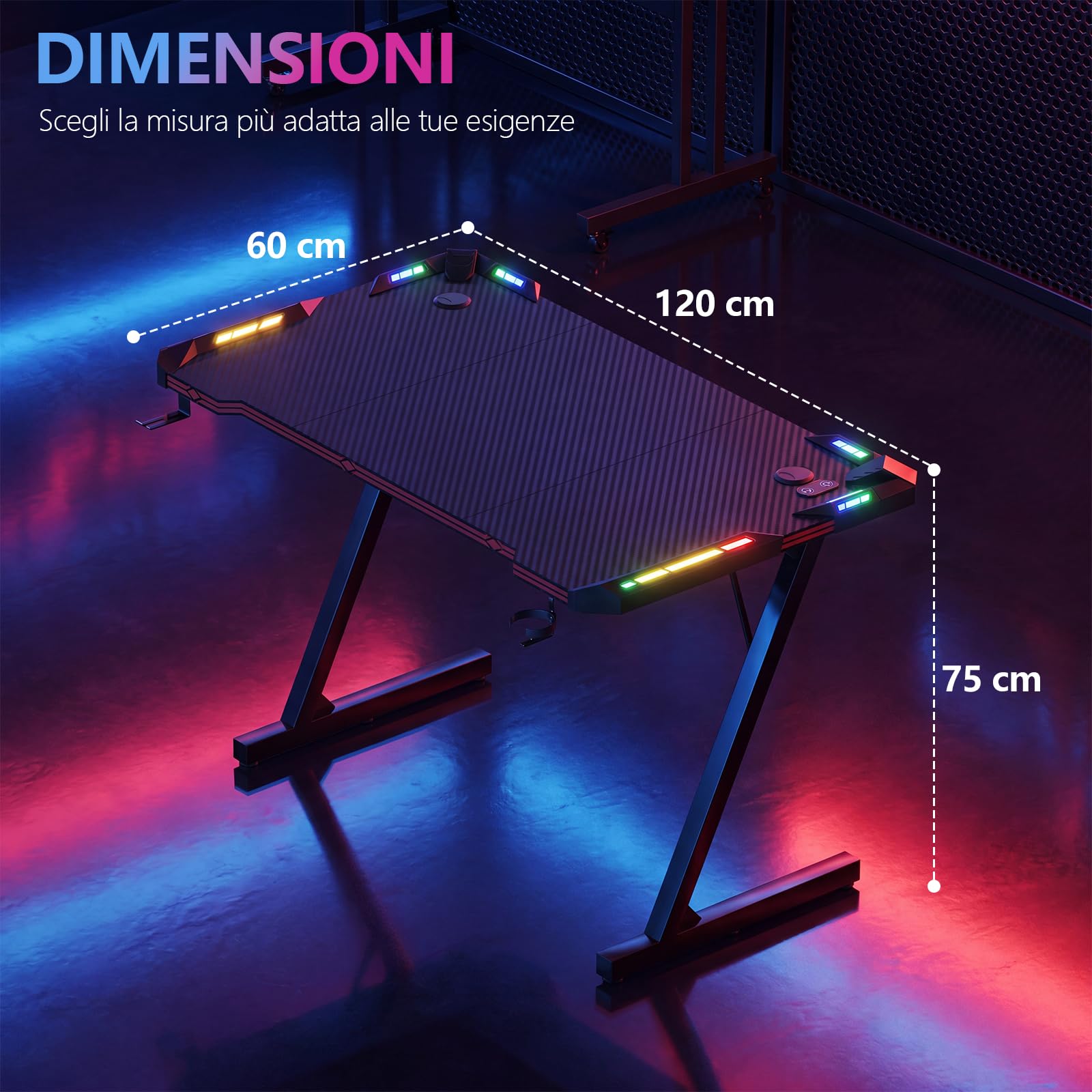 Scrivania Gaming LED 120x60 cm - Tavolo da Gaming con Luci RGB a Controllo Tattile, Piano in Fibra di Carbonio Nero, Ganci per Cuffie, Design Ergonomico, Scrivania PC per Setup Gamer Professionale