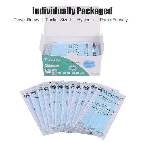 Miniatura 2 de 50 mascarillas desechables de nivel 3 con cinta elástica para las orejas, 0.14 onzas, 3 capas, desechables, individuales, no tejidas, transpirables,