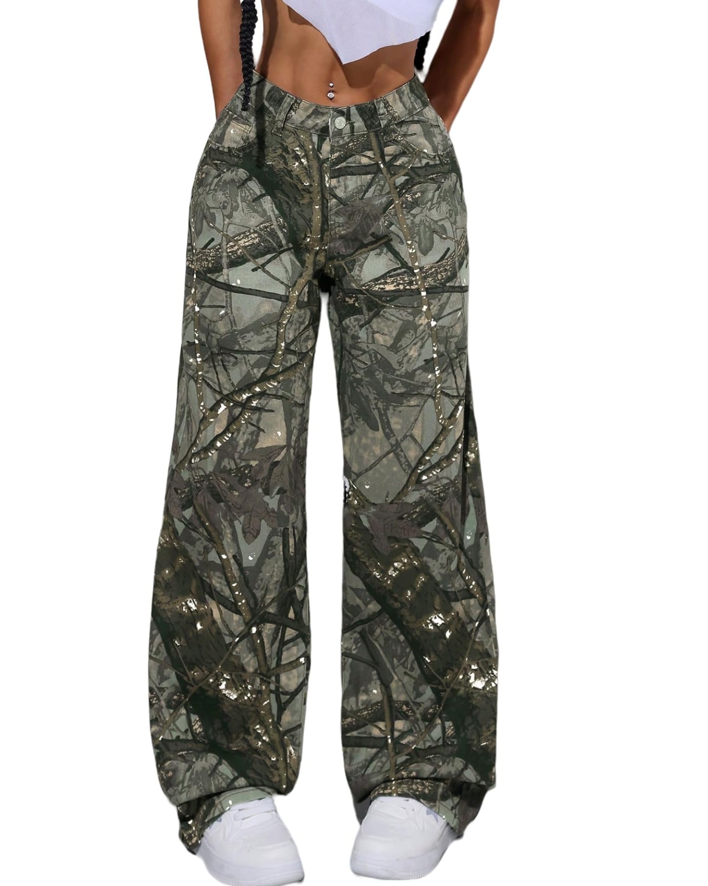 EZAPINE Women Camouflage Cargo Pants Low Waist Baggy Straight Wide