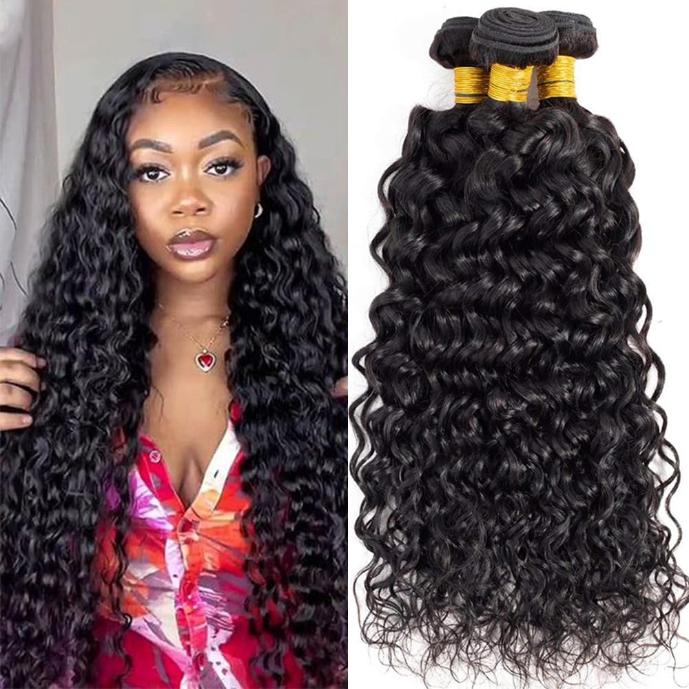 Brazilian Virgin Water Wave Human Hair 3 Bundles 24 26 28 inch 100% Unprocessed Wet and Wavy Human Hair Bundles Long Inch Double Weft Human Hair Weave Natural Black Color for Black Women