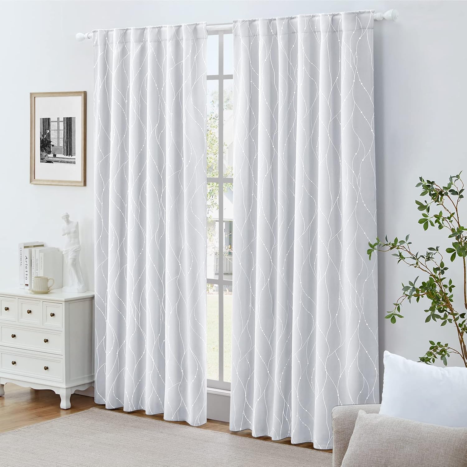 HOMEIDEAS Light Grey Blackout Curtains 52 X 84 Inch Length 2 Panels Silver Wave Line with Dots Printed Back Tab Room Darkening Pocket Thermal Light Blocking Window Drapes for Bedroom