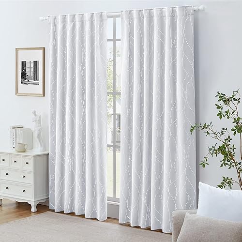 Miniatura 7 de HOMEIDEAS Cortinas opacas de color gris claro de 52 x 63 pulgadas de largo, 2 paneles de línea ondulada plateada con puntos impresos, pestaña