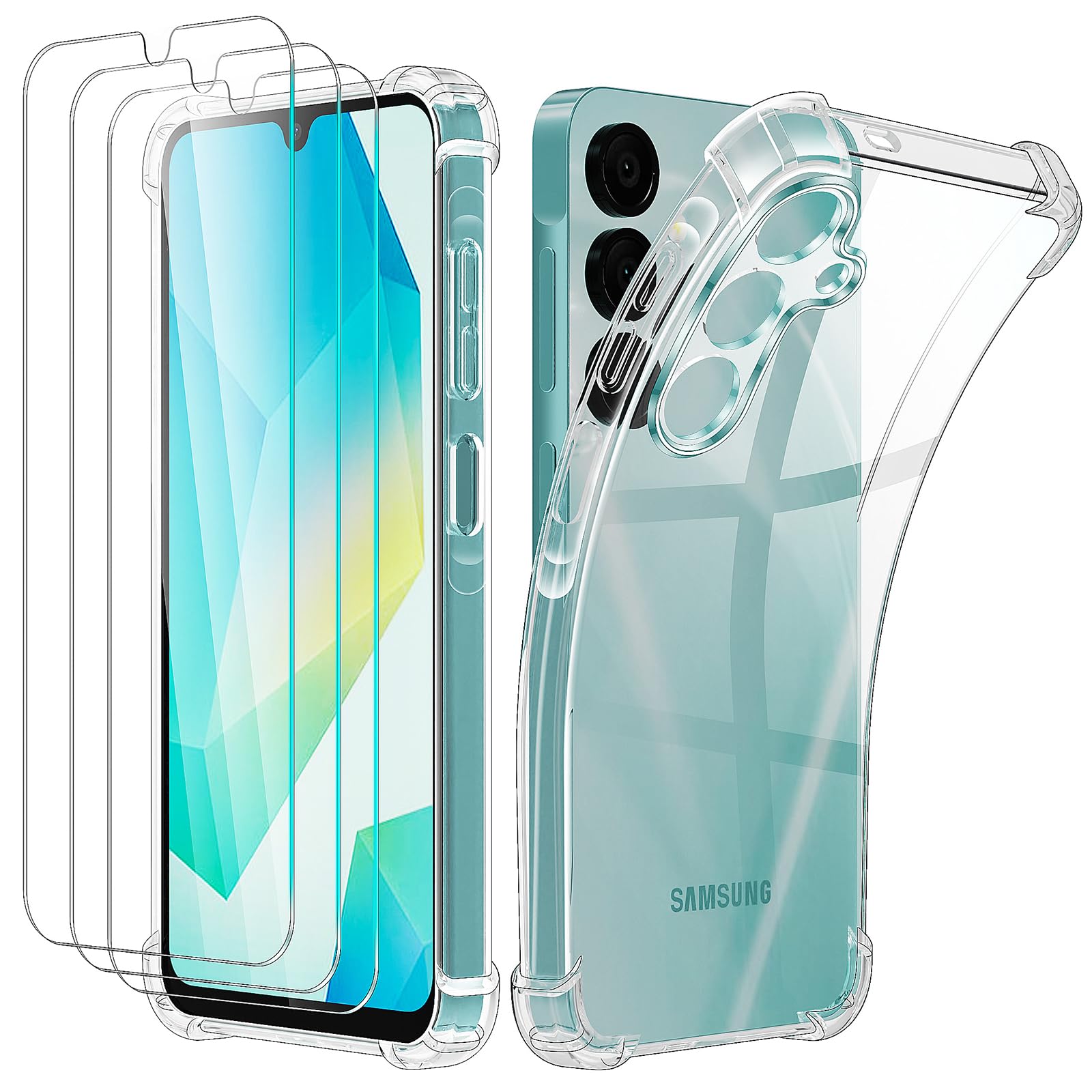 4-in-1 Case for Samsung Galaxy A16 4G/5G with 3 Pack Screen Protector, Crystal Clear Shockproof Phone Case with Built-in Camera Lens Protector, Soft TPU Bumper Anti-Scratch Silicone Cover