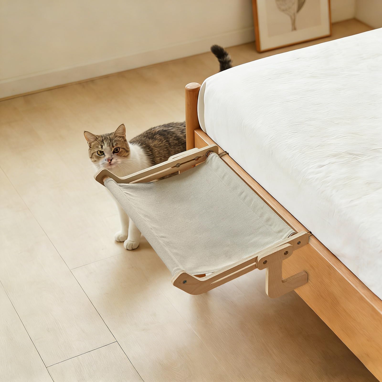 Perchoir de fenêtre pour Chat, Cadre en Bois de 44,5 cm, Crochets métalliques Robustes supportant jusqu'à 55 LB, hamac en Toile Grise pour fenêtre Lumineuse, Repos et Jeu près du lit/canapé