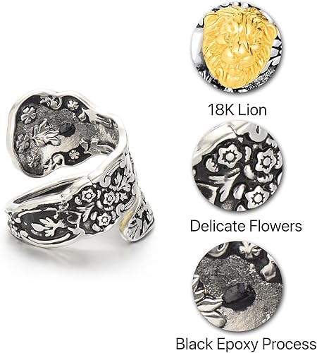 Miniatura 6 de Spoon Ring for Women Mushroom Moon Lion Bee Handmade Statement Wraparound Adjustable Size Thumb Fashion Bug Jewelry