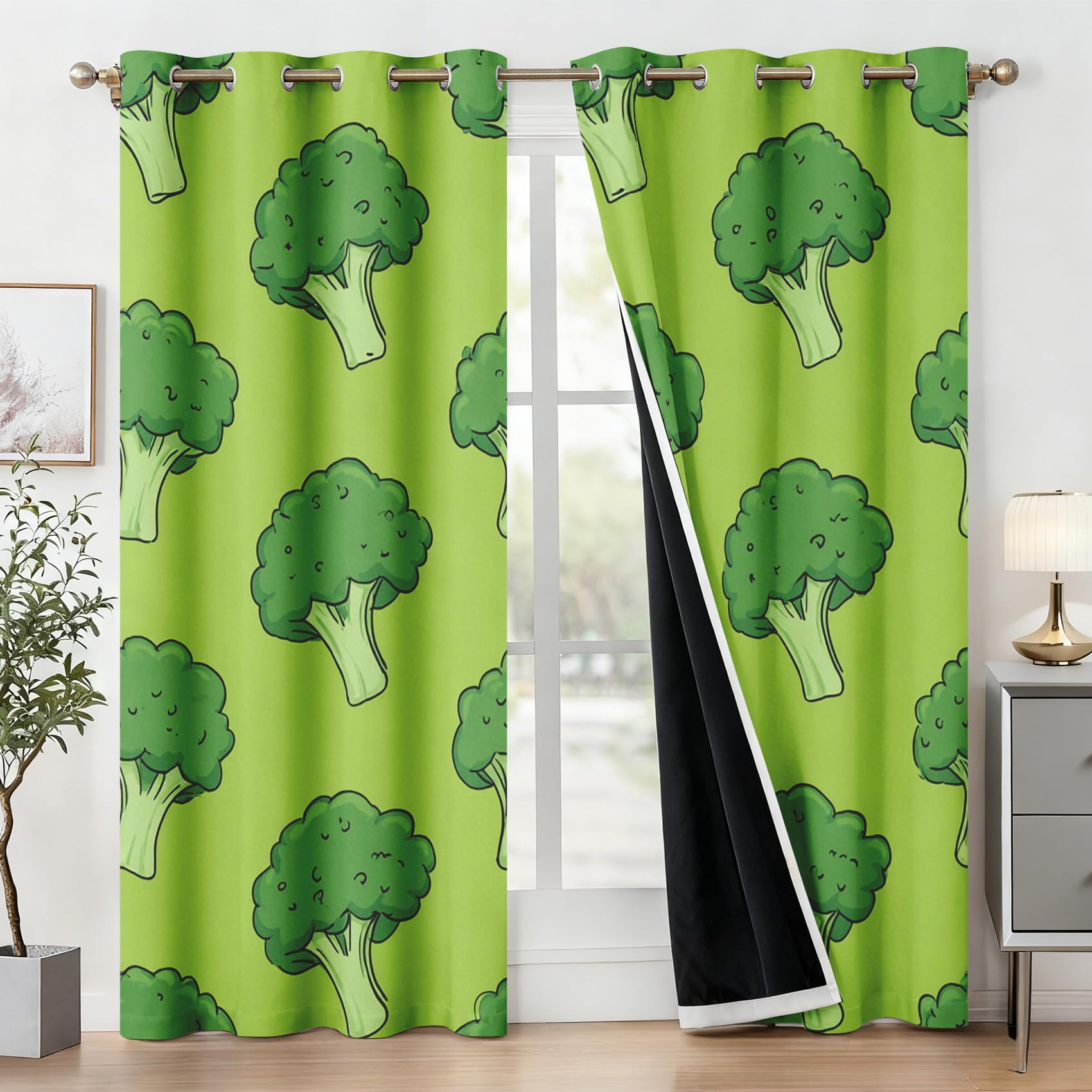 Generisch Blickdichte Vorhänge Brokkoli, Verdunklungsvorhänge Brokkoli Grün Gemüse Gardinen mit Ösen, Vorhang Wohnzimmer Schlafzimmer Fenster Deko, H220 x B140 cm 2er Set