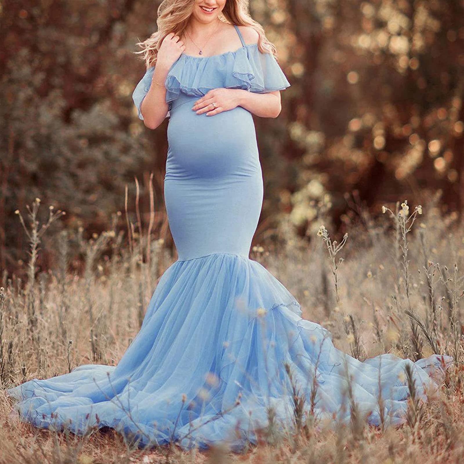 Damska sukienka ciążowa Letnia falbana Krótki rękaw Off The Shoulder Tiul Suknie wieczorowe ciążowe Elegancka sukienka zwijana Odpowiednia do zdjęć ciążowych Fotografia Plaże Kluby,001,S