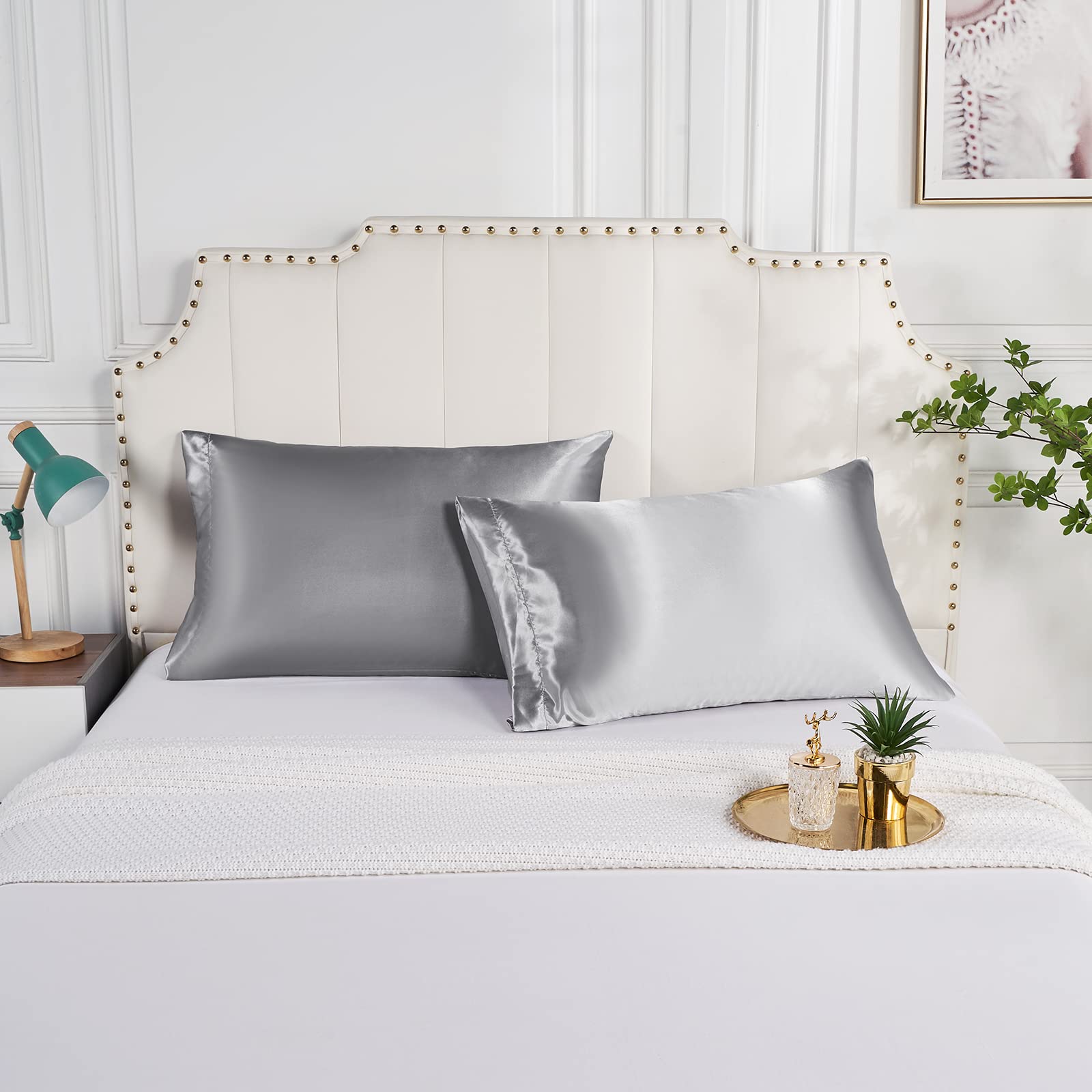 BEDSUM 2 Federe In Raso Di Seta – 50x91 Cm – Morbide E Lussuose Con Chiusura A Busta – Proteggono Capelli E Pelle – Grigio Argento