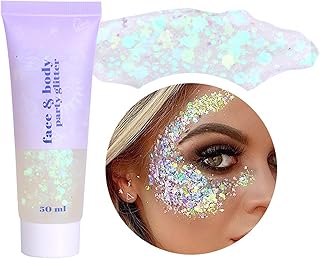 Body Glitter Gel for Eye Face Hair Body Glitter Makeup Gel Long Lasting Sparkling,Sequins Shimmer Liquid Eyeshadow Chunky Glitter Holographic Cosmetic,Halloween Festival Rave Accessories Glitter Makeup(White)