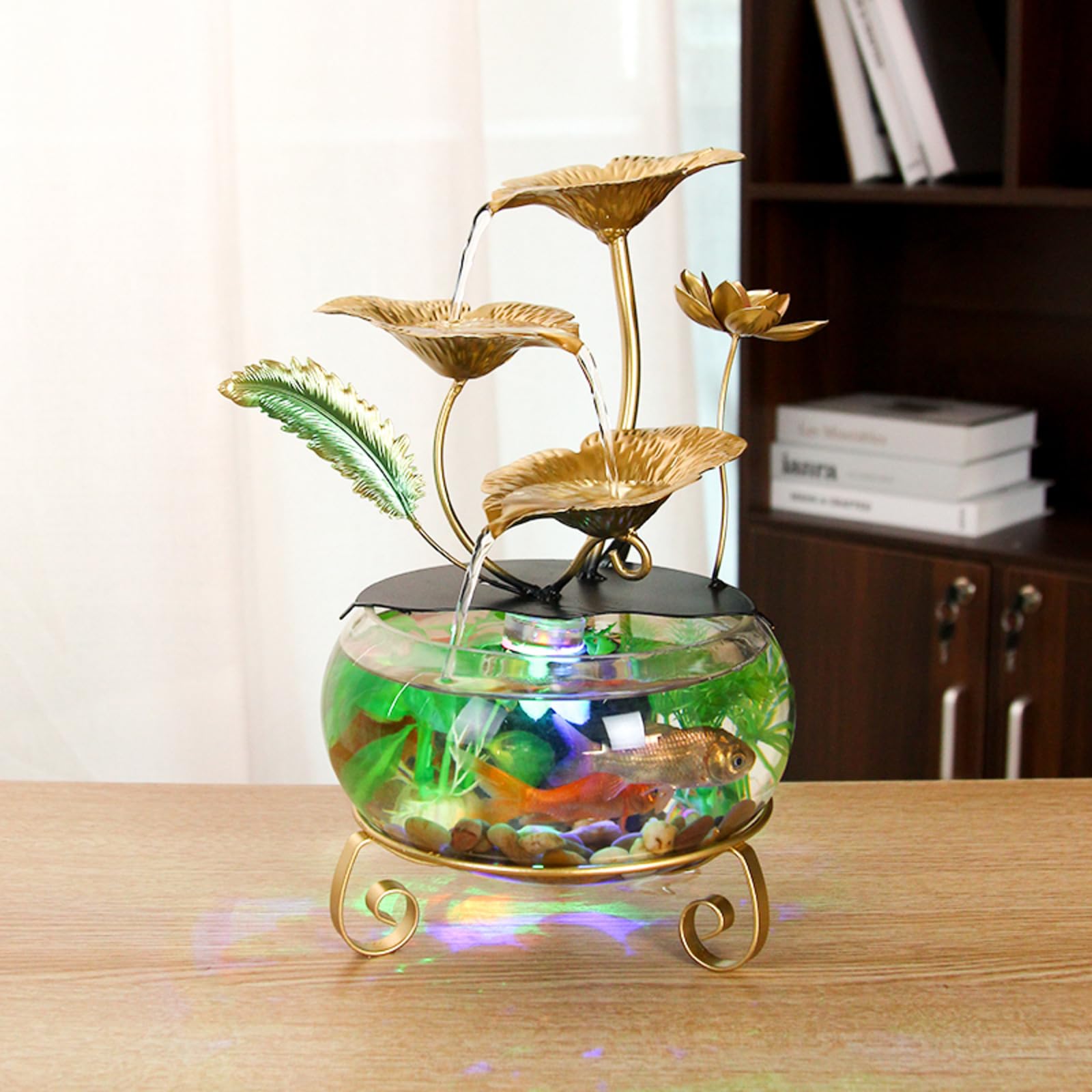 Fontaine à eau en forme de fleur de lotus dorée avec lumières LED et aquarium, décoration de table élégante pour la maison et le bureau, cascade intérieure relaxante pour ambiance de bureau