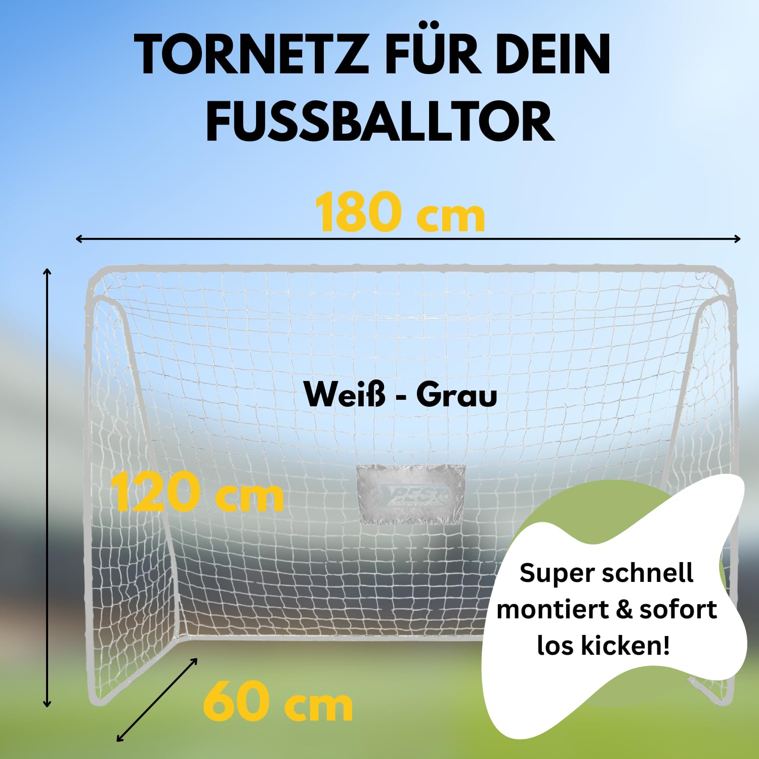 BEST SPORTING Fußballtor Tornetz Grau/Weiß, Passend für 180 x 120 x 60 cm, Fussball Tornetz mit Best Sporting Logo, Kein Aufbau Nötig, Wetterbeständig, Robust und Sicher