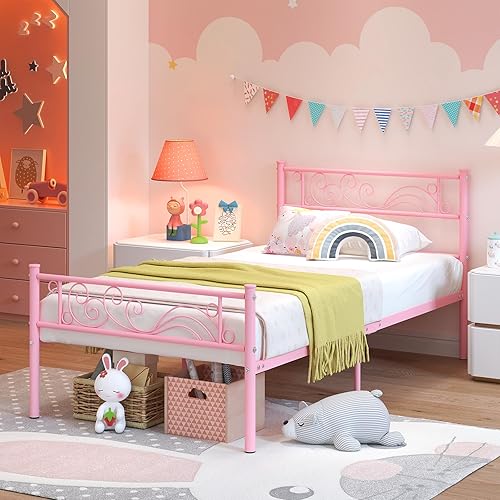 Miniatura 4 de Weehom Marco de cama individual, plataforma de metal, listones de acero resistente, almacenamiento debajo de la cama para niños, color rosa