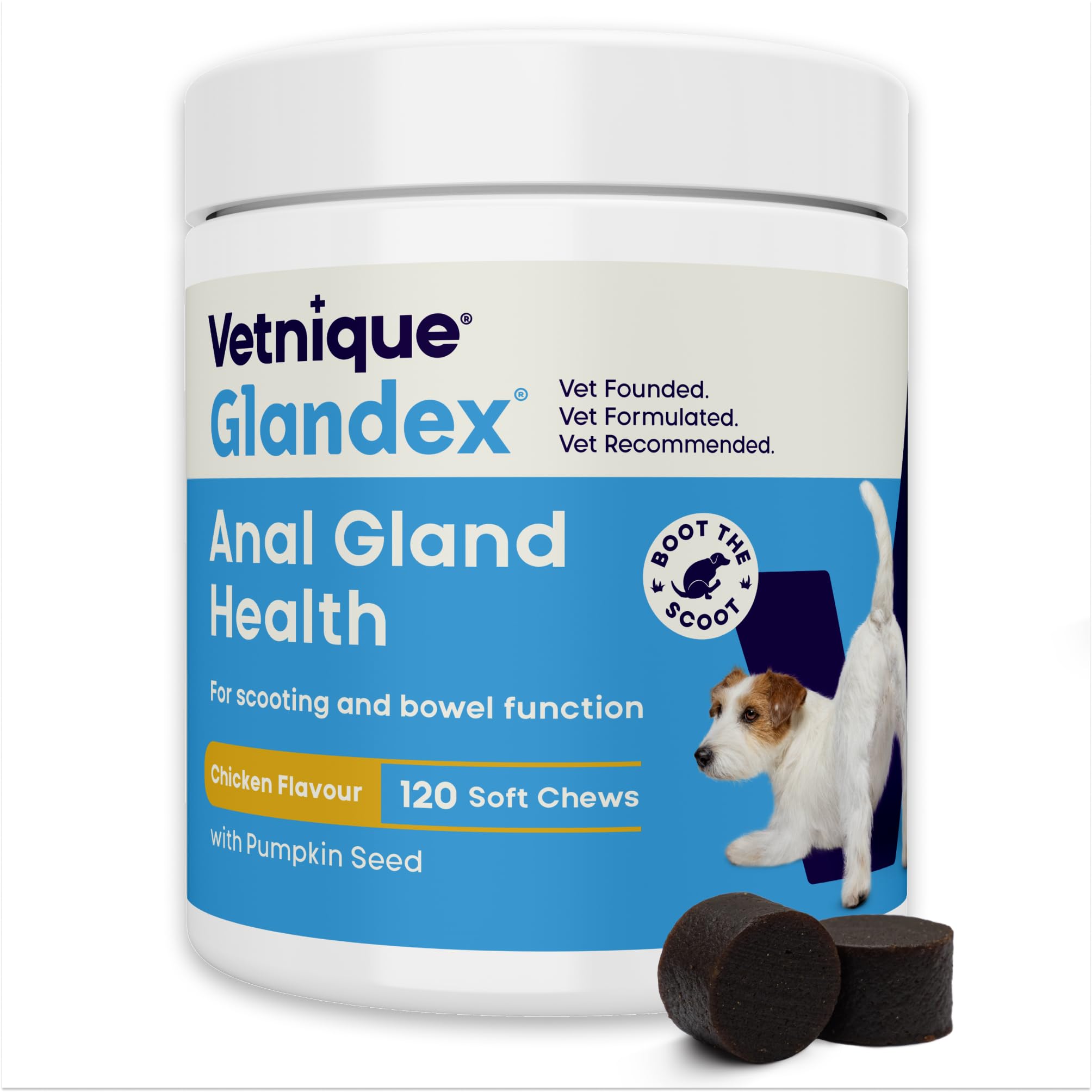 Glandex For Dogs UK - 120 Soft Chews - Vet-Formulated Anal Gland Support for Digestive Health - With Probiotics for Dogs, Omega-3s, Pumpkin & Fibre - Dog Probiotics for Gut Health - Boot The Scoot
