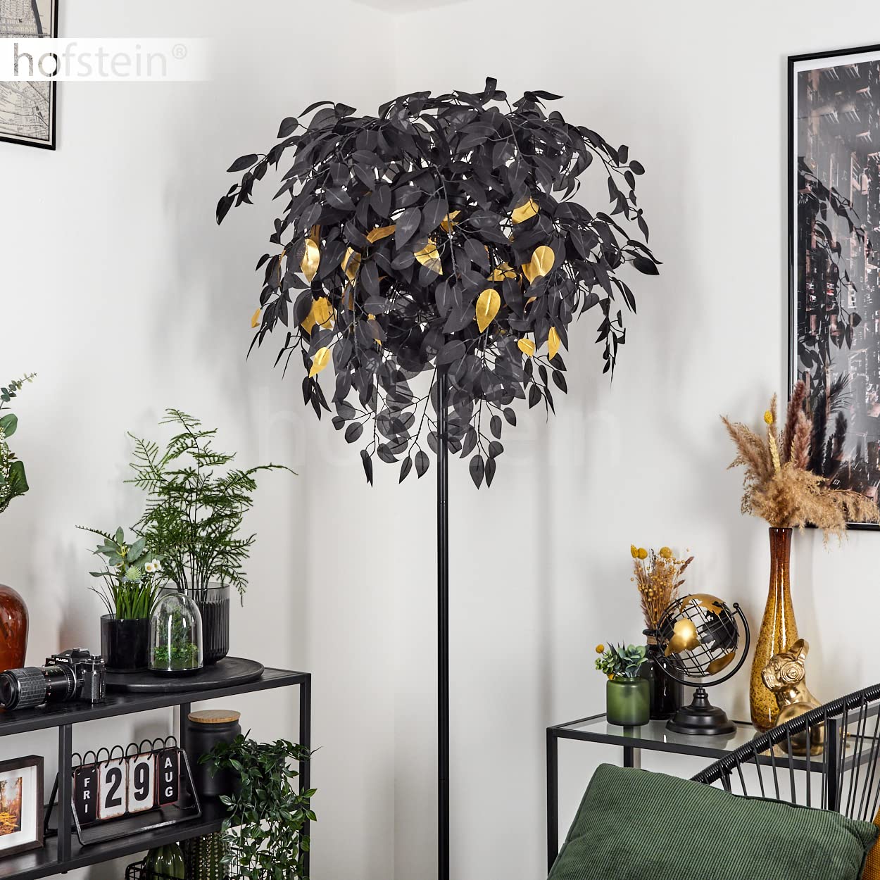 Lampa podłogowa Kallax, wykonana z metalu/plastiku w kolorze czarnym/złotym, z kloszem w optyce liścia, wysokość 190cm, z włącznikiem nożnym na kablu i efektem świetlnym, 3xE14, bez żarówek