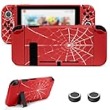 JINGDU Protective Case Compatible with Nintendo Switch 2017, TPU Case Accessory for Switch Console and Grip Joy-Con, Switch Protector with 4 Thumb Grips, Red Spider Web