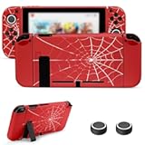 JINGDU Protective Case Compatible with Nintendo Switch 2017, TPU Case Accessory for Switch Console and Grip Joy-Con, Switch Protector with 4 Thumb Grips, Red Spider Web