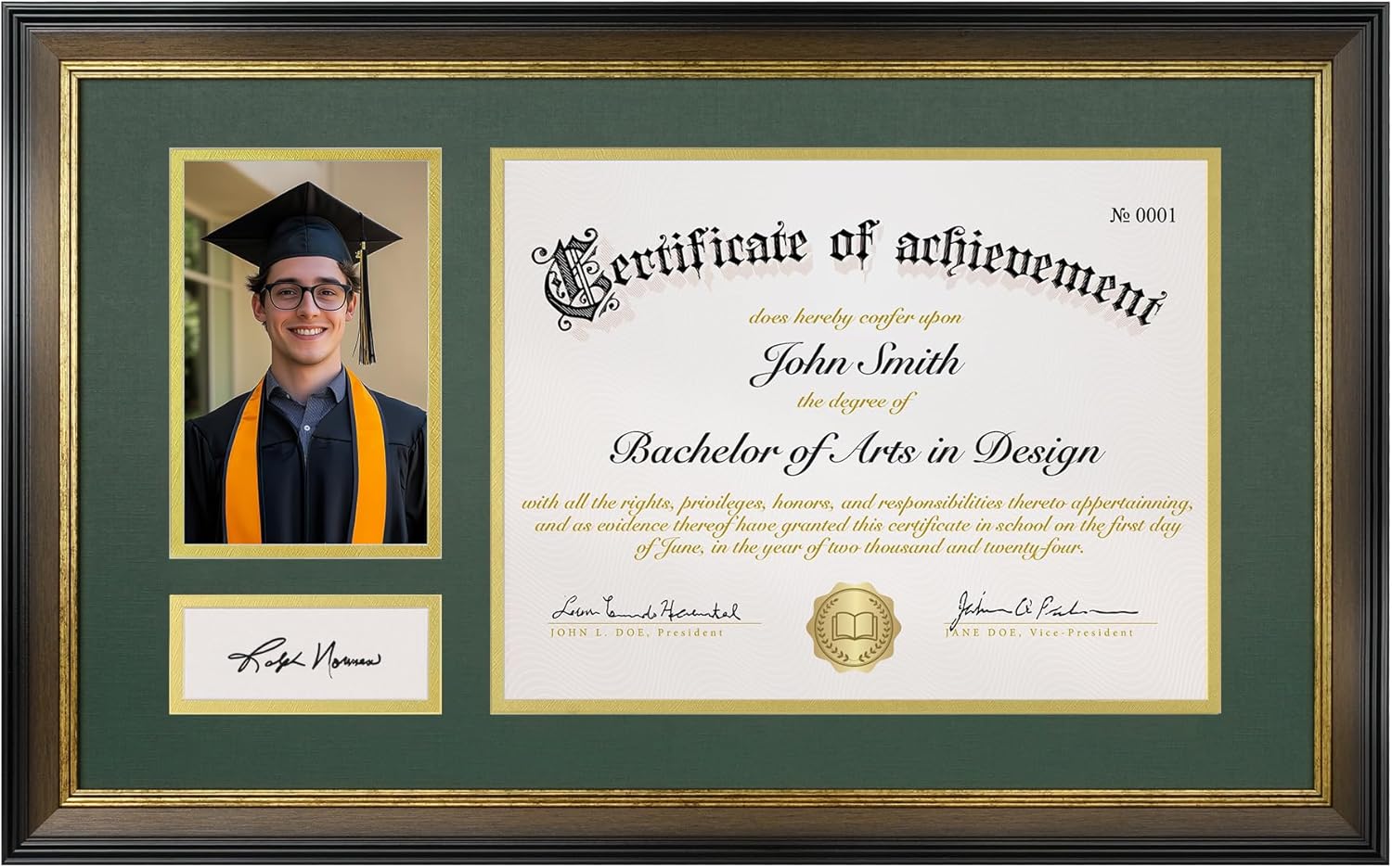 11x19 Diploma Frame, Display for 8.5x11 Certificate & 4x6 Photos, Tempered Glass with Acid-Free Green over Gold Mat, Degree Frame for Graduation, Walnut with Gold Trim 8.5x11 Certificate & 4x6 Picture Walnut frame/Green mat