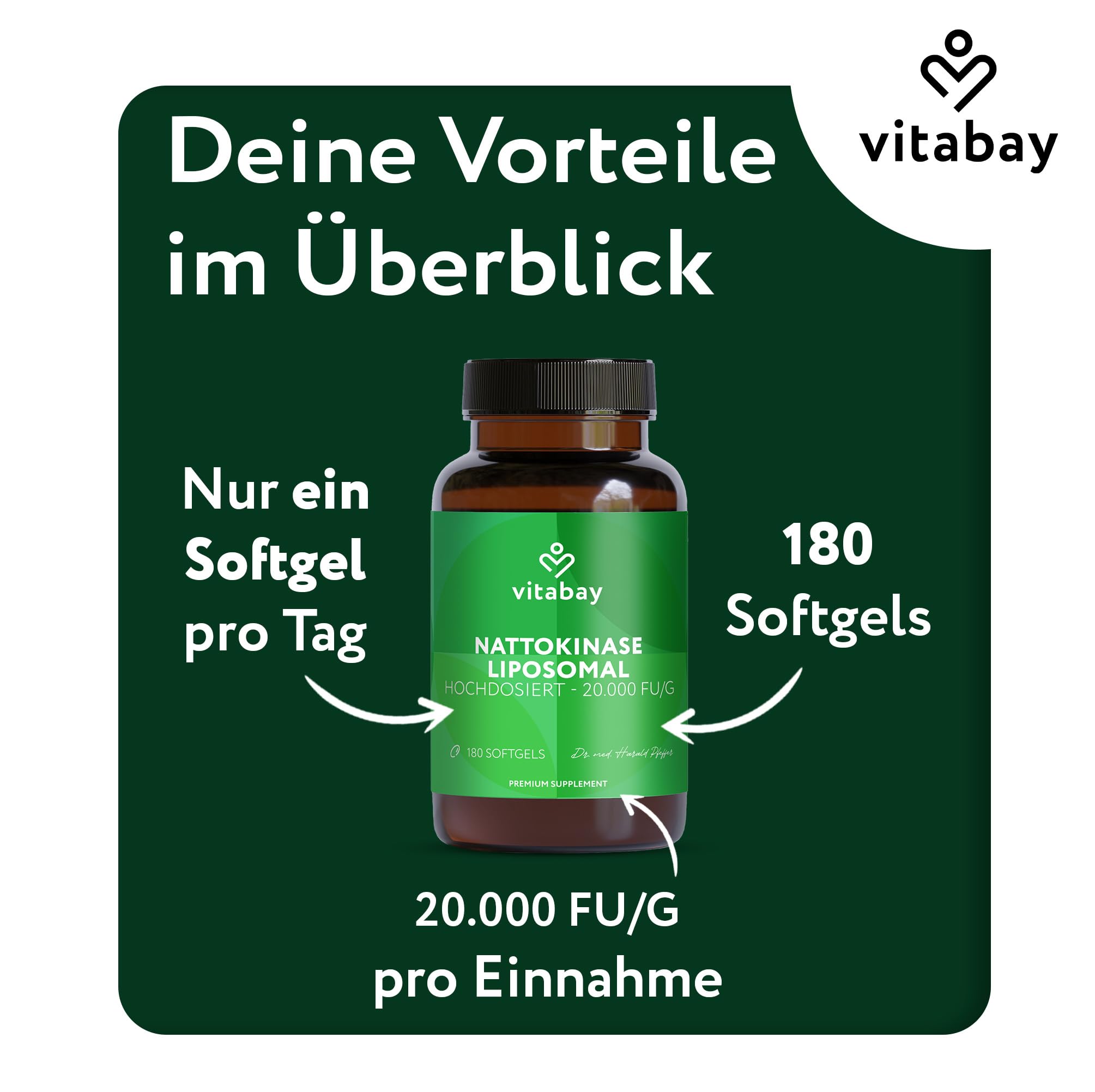 Vitabay Nattokinase 2.000 FU hochdosiert – 180 vegane Softgel-Kapseln – liposomale Nattokinase aus fermentierten Sojabohnen – ohne Vitamin K2, ohne Zusatzstoffe & laborgeprüft – Vorrat 6 Monate
