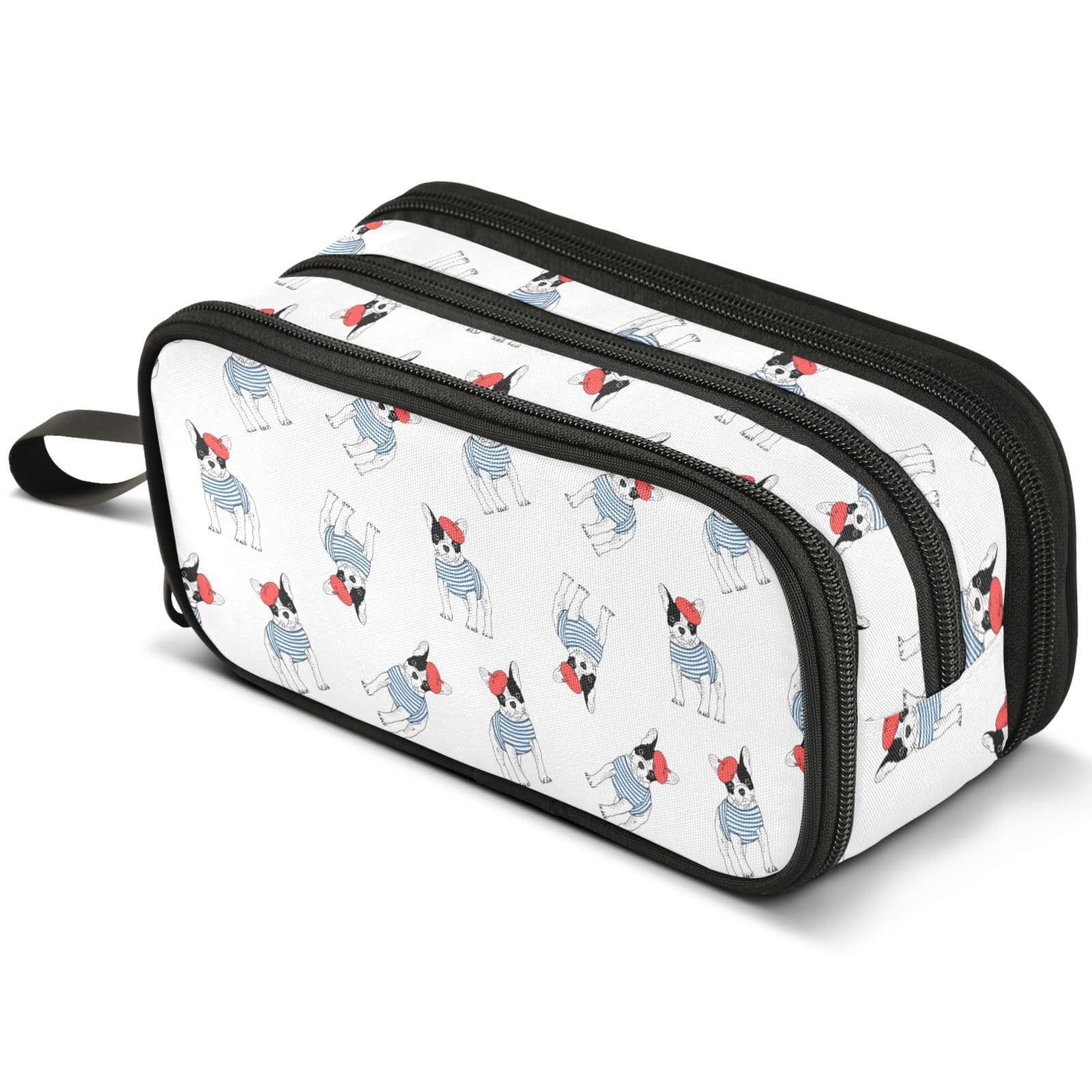 Mnsruu Lovely French Dog with Red Hat Pencil Case Large Capacity Pen Pouch Makeup Bag with 3 Compartments Pen Holder Organizer Stationery Bag for Girls Womens
