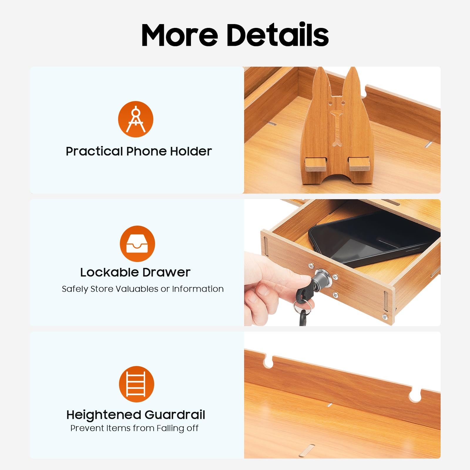 Supporto per monitor con 3 cassetti e scomparto per chiavi, organizer da scrivania in MDF, 65,5 cm, altezza regolabile per ufficio/casa, effetto legno, con supporto per cellulare e chiavi