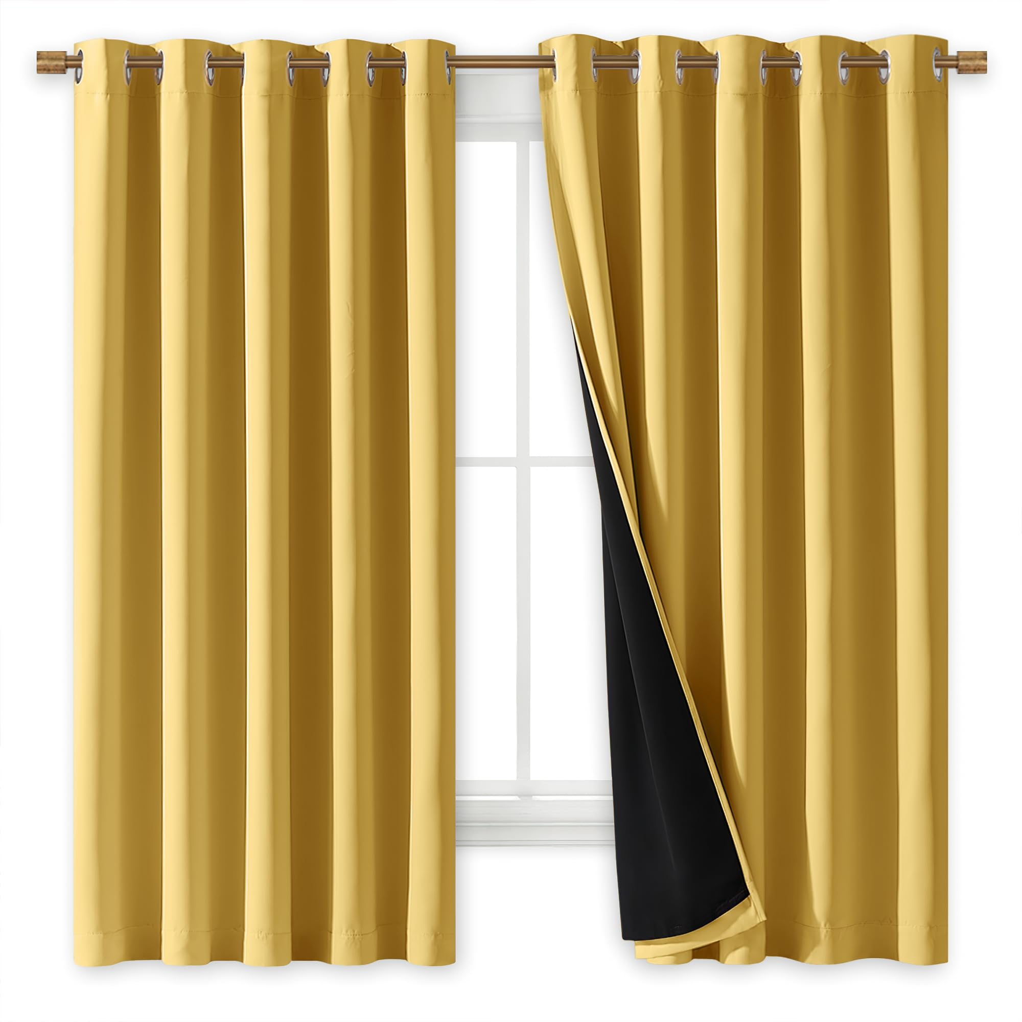 NICETOWN 100% Blackout Curtains with Black Liners, Thermal Insulated Full Blackout 2-Layer Lined Drapes, Energy Efficiency Window Drapes for Bedroom (Bright Yellow, 2 Panels, 70-inch W by 63-inch L)