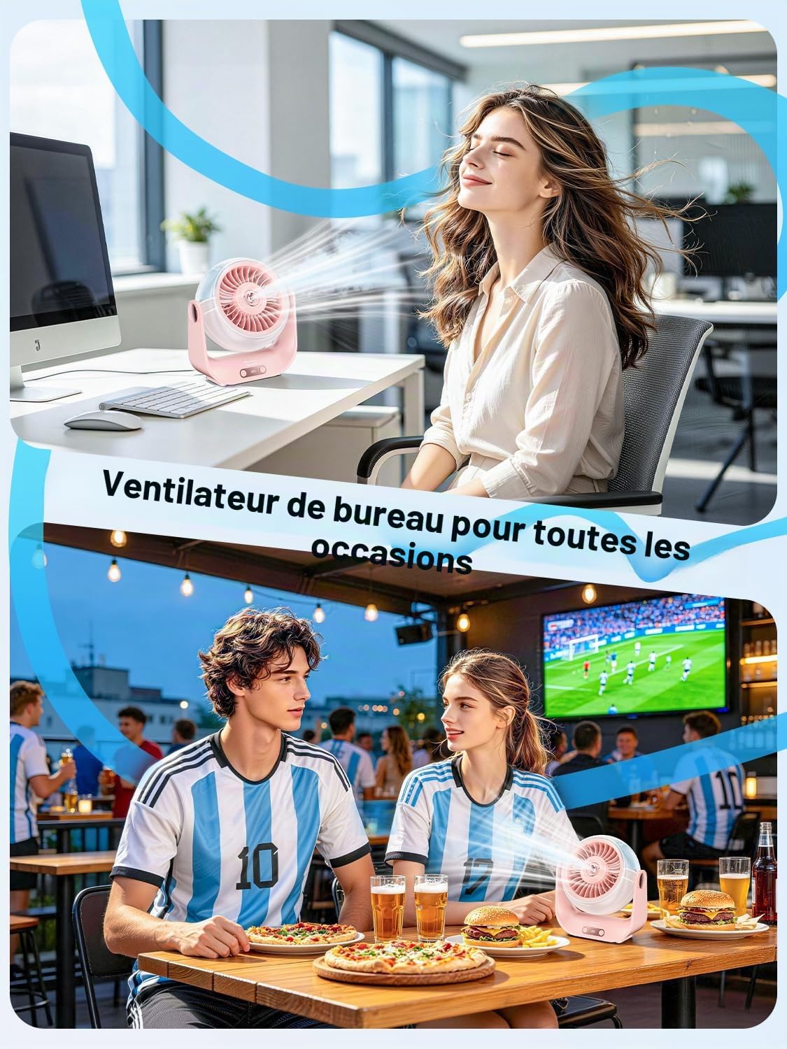 Ventilateur Brumisateur Bureau - 5000mAh Mini Ventilateurs Silencieux de Table avec 5 Vitesses, Ecran LED & Réglable à 90°, Petit Table Fan USB Rechargeable pour Chambre Bureau Extérieur (Rose)