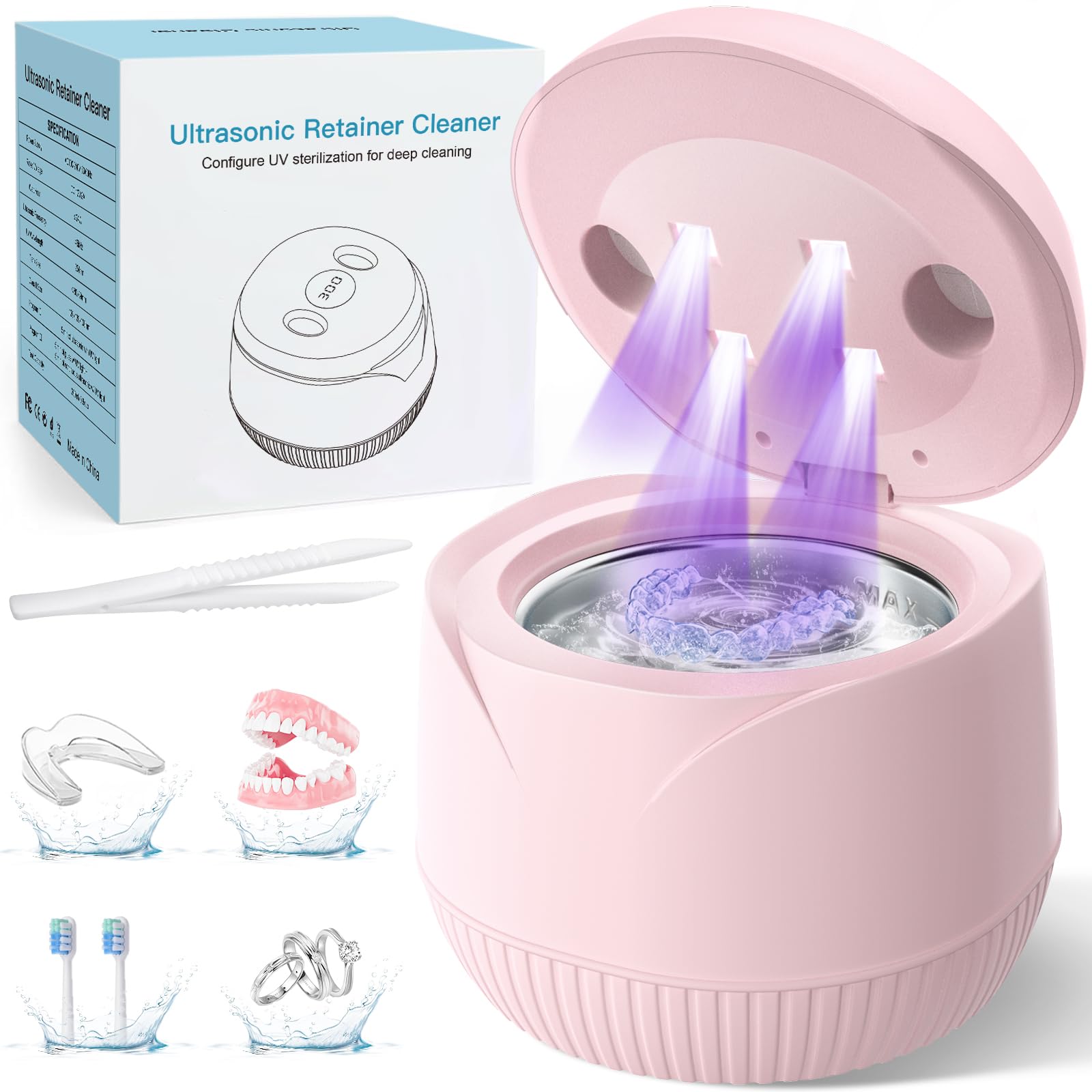 Dental Ultrasonic Retainer Cleaner Machine - Dental Cleaning Pod for Denture Mouth Guard Aligner Night Guard Braces Toothbrush