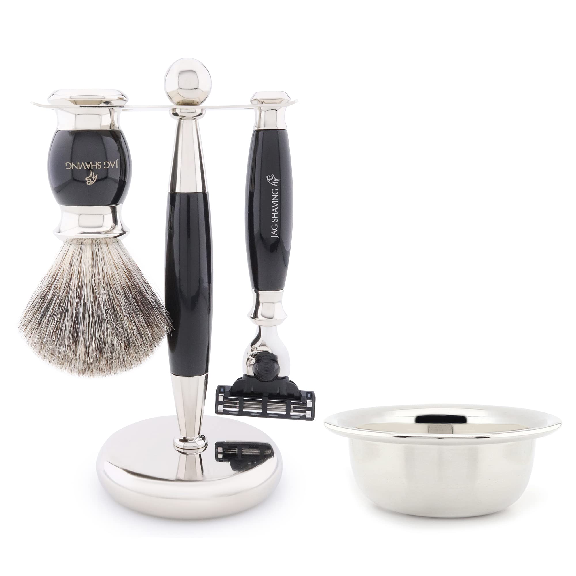 Jag Shaving Zestaw do golenia – 4-częściowy zestaw do golenia – JAG's LEE Range – pędzel do golenia z włosia borsuczego – 3 krawędzie ostrza do golenia – miseczka do golenia – stojak do golenia – czarny zestaw upominkowy