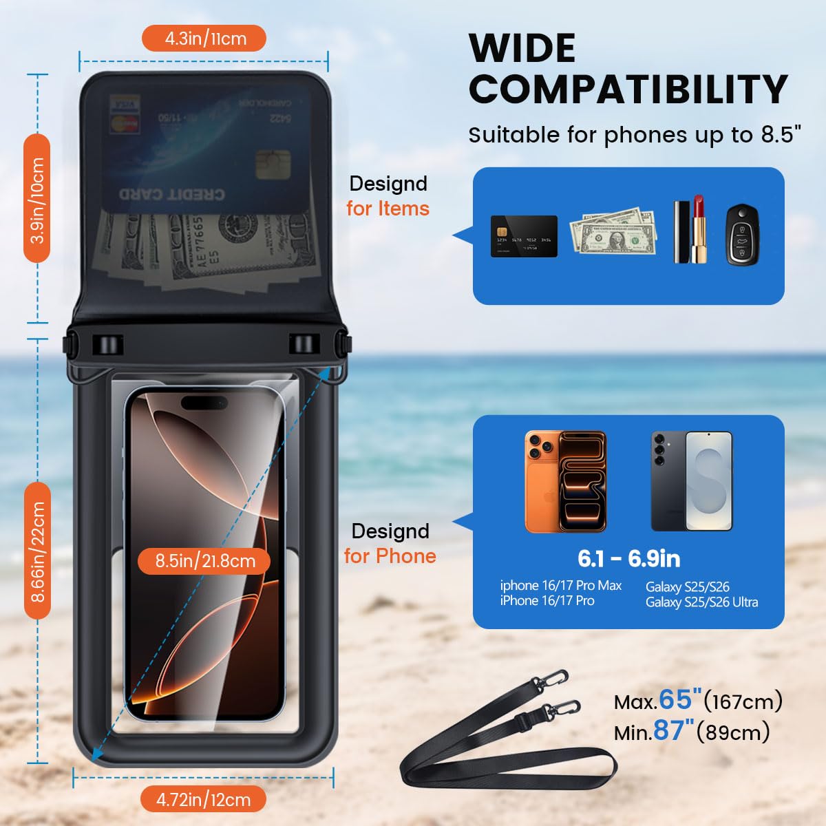 Funda flotante impermeable para teléfono (hasta 8.5 pulgadas), paquete de 2 fundas impermeables IPX8 para iPhone 17, 16, 15 Pro Max, Galaxy S26 Ultra, pantalla táctil y fotografía subacuática