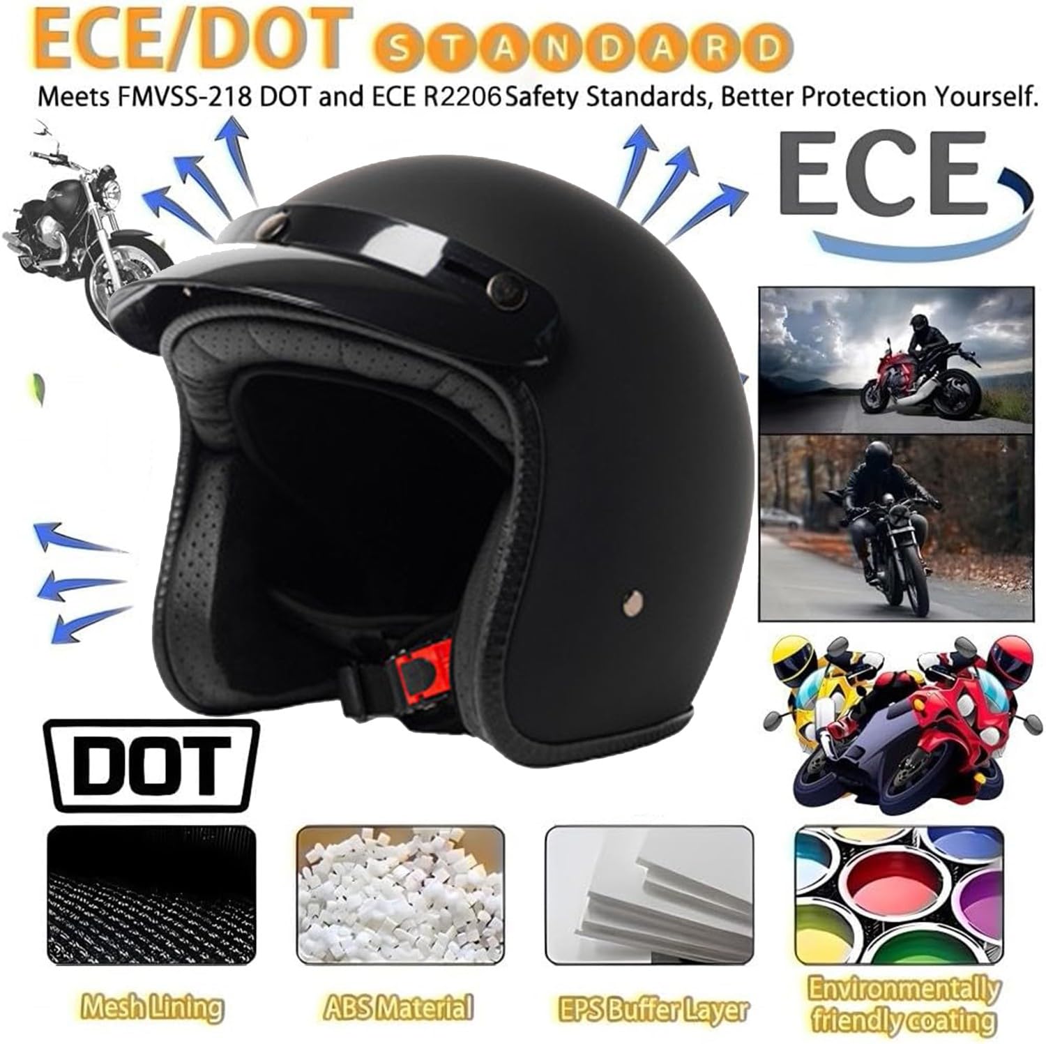 Demi Casque De Moto Vintage Casques Jet Ouvert Cyclomoteur ECEDOT Homologué Demi Casque De Scooter Casques Bols Robuste Et Durable pour Adultes Protection Multicouche