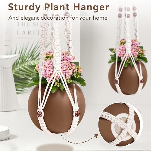 Miniatura 2 de Elegante colgador de plantas de macramé con cuentas de madera y gancho hecho a mano para plantas de interior sin borlas soporte decorativo para