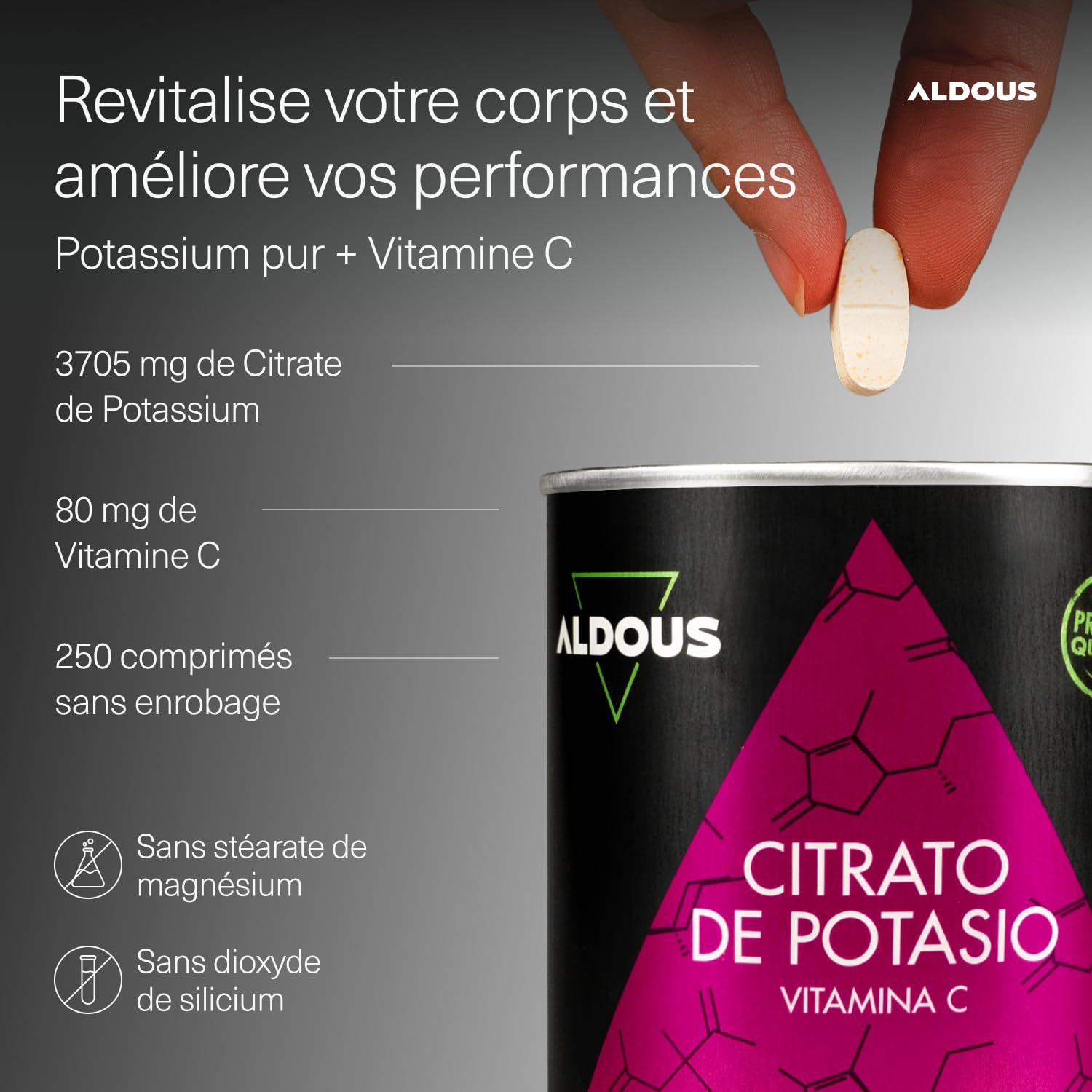 Citrate de potassium 3705 mg - 250 comprimés non enrobés - Potassium pur 1000 mg + Vitamine C 80 mg - Supplément sportif - Muscle, pression sanguine, système nerveux - Sans plastique - ALDOUS