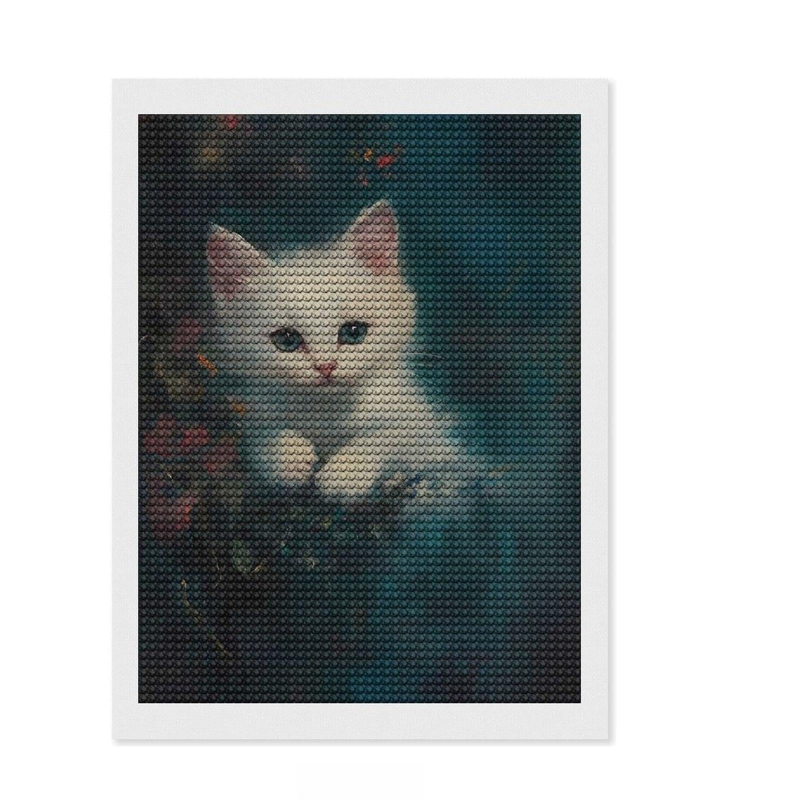 Junmoney White Kitten Portrait Crystal Diamond Art Kit 12"x16", Boho Decor, Stress Relief Craft, Full Kit Included, Fun Craft Activity