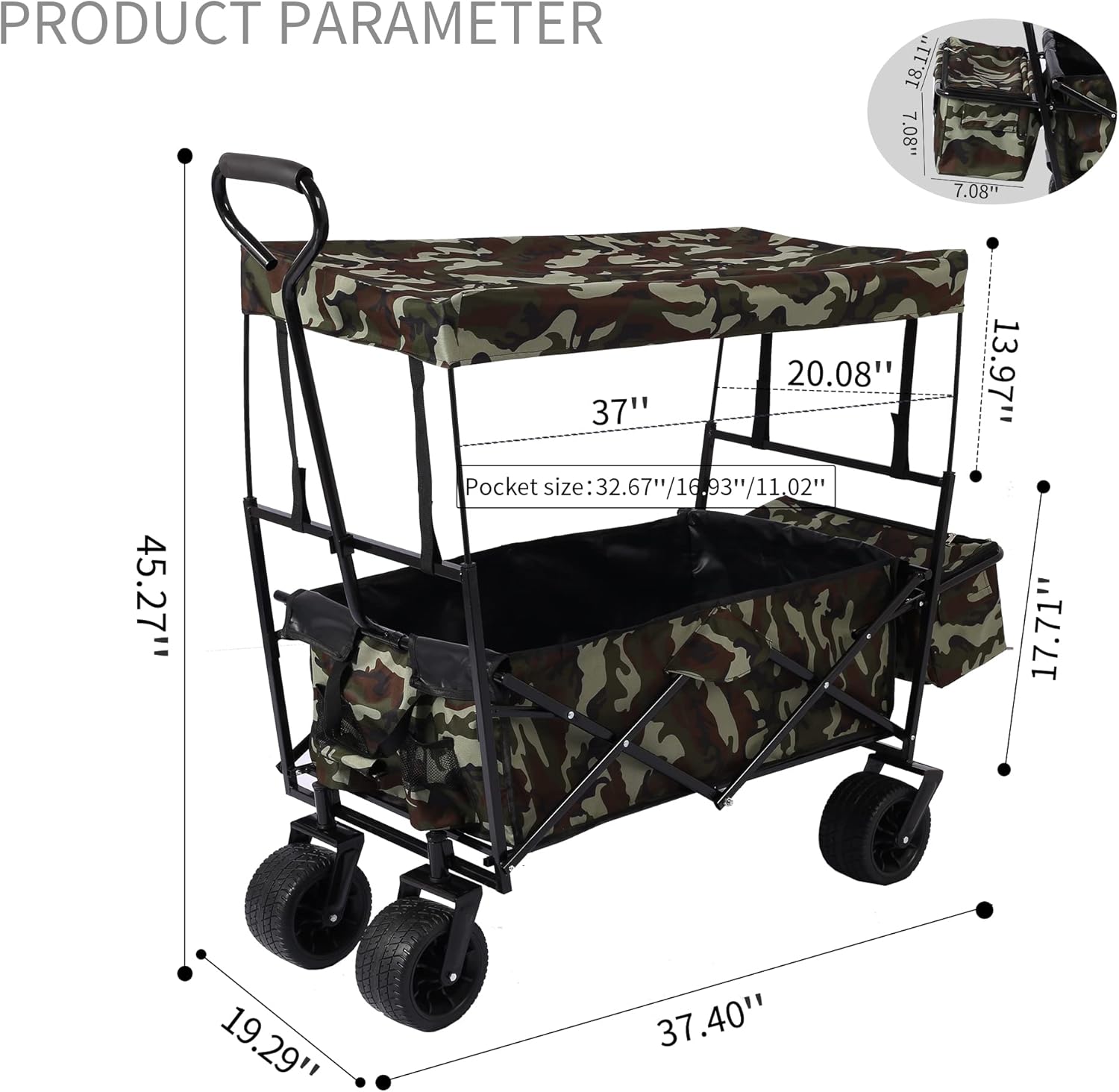 Outdoor Garden Park Wagon with Canopy and Pockets, Foldable Portable Utility Beach Trolley Cart with 7" Wheels for Camping Garden Sports (262LBS Max Weight Capacity) Dark Green Black As Shown