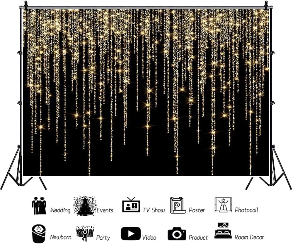 Sfondo fotografico glitterato nero e oro con scritta "Happy Birthday" per donne e uomini, matrimoni, baby shower, Natale, Capodanno, feste, striscione per studio fotografico, 1,8 x 1,8 m