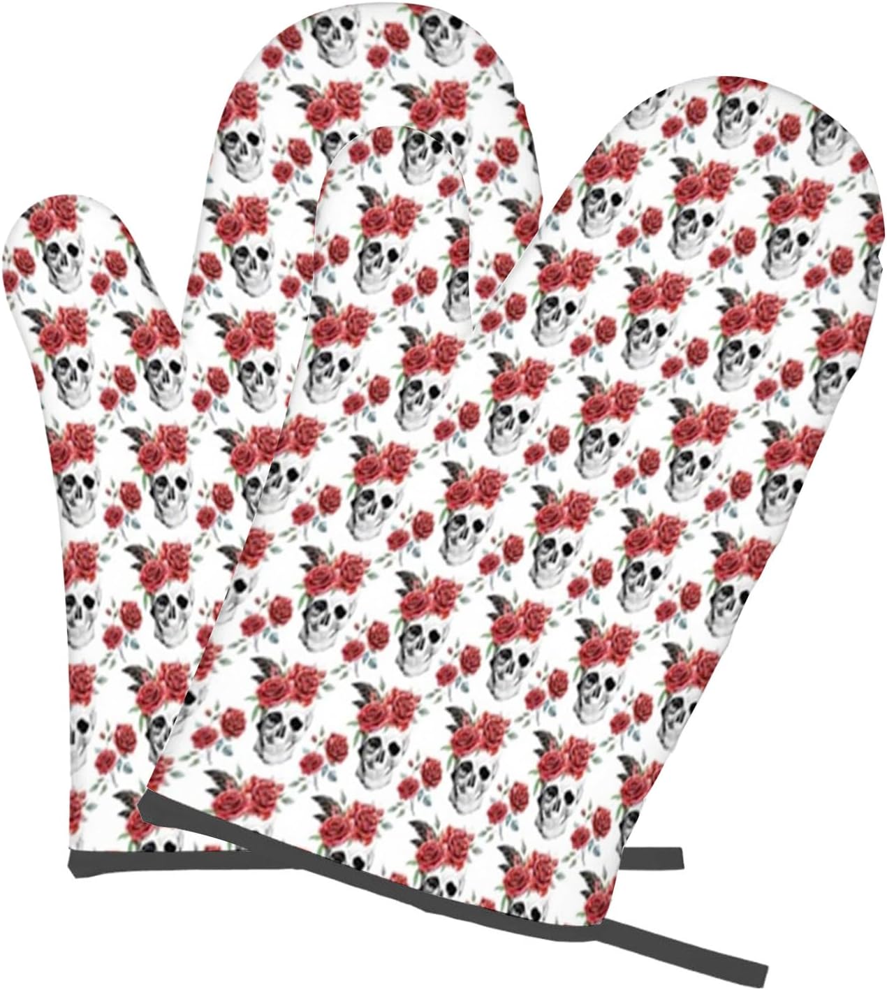 Gothic Halloween Pattern,Oven Mitts,BBQ Gloves Heat Resistant,Watercolor Skull with Red Roses,1 Pair Oven Mitts,Cooking Gloves for Cooking Baking Kitchen,Red Black,2-Piece Set