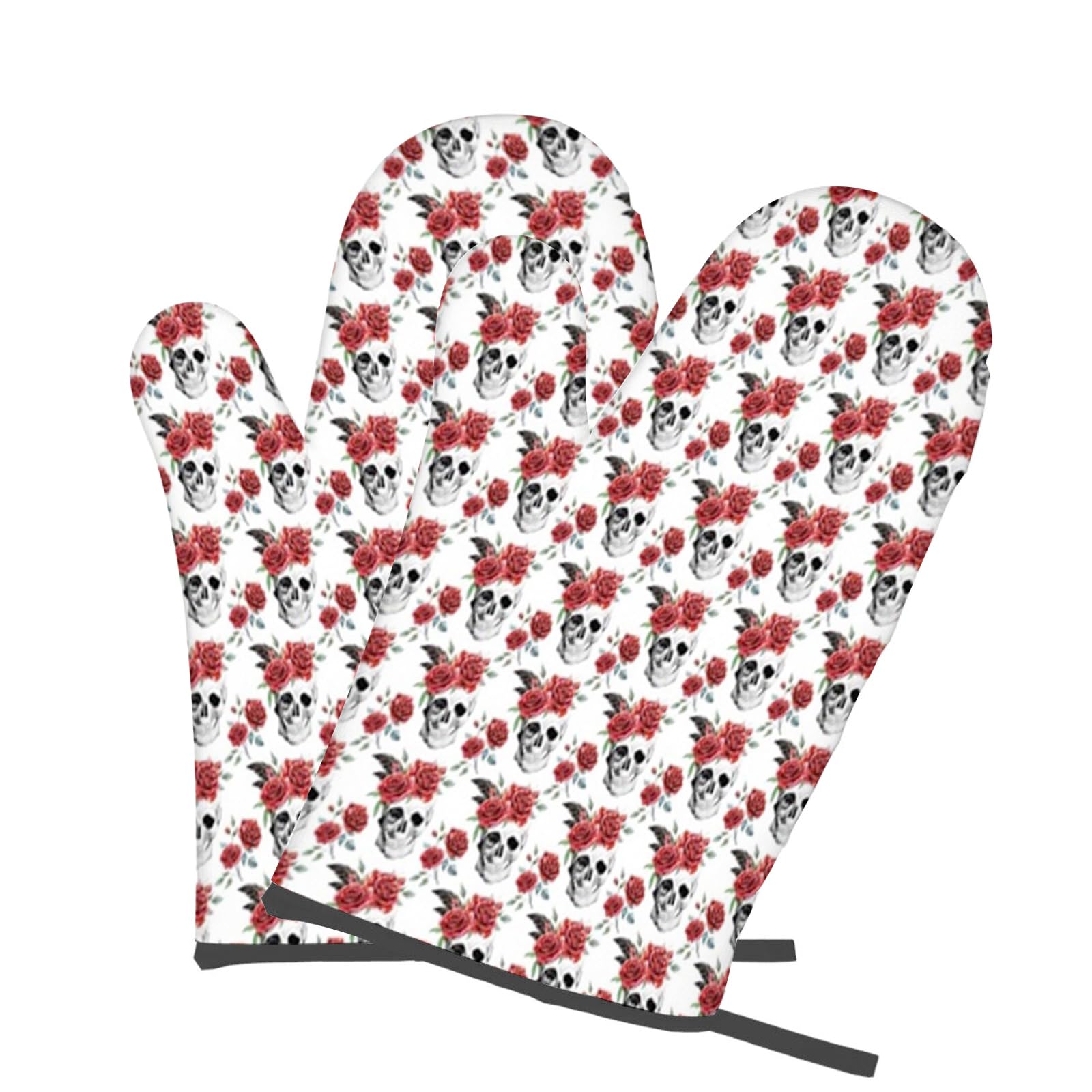 Gothic Halloween Pattern,Oven Mitts,BBQ Gloves Heat Resistant,Watercolor Skull with Red Roses,1 Pair Oven Mitts,Cooking Gloves for Cooking Baking Kitchen,Red Black,2-Piece Set
