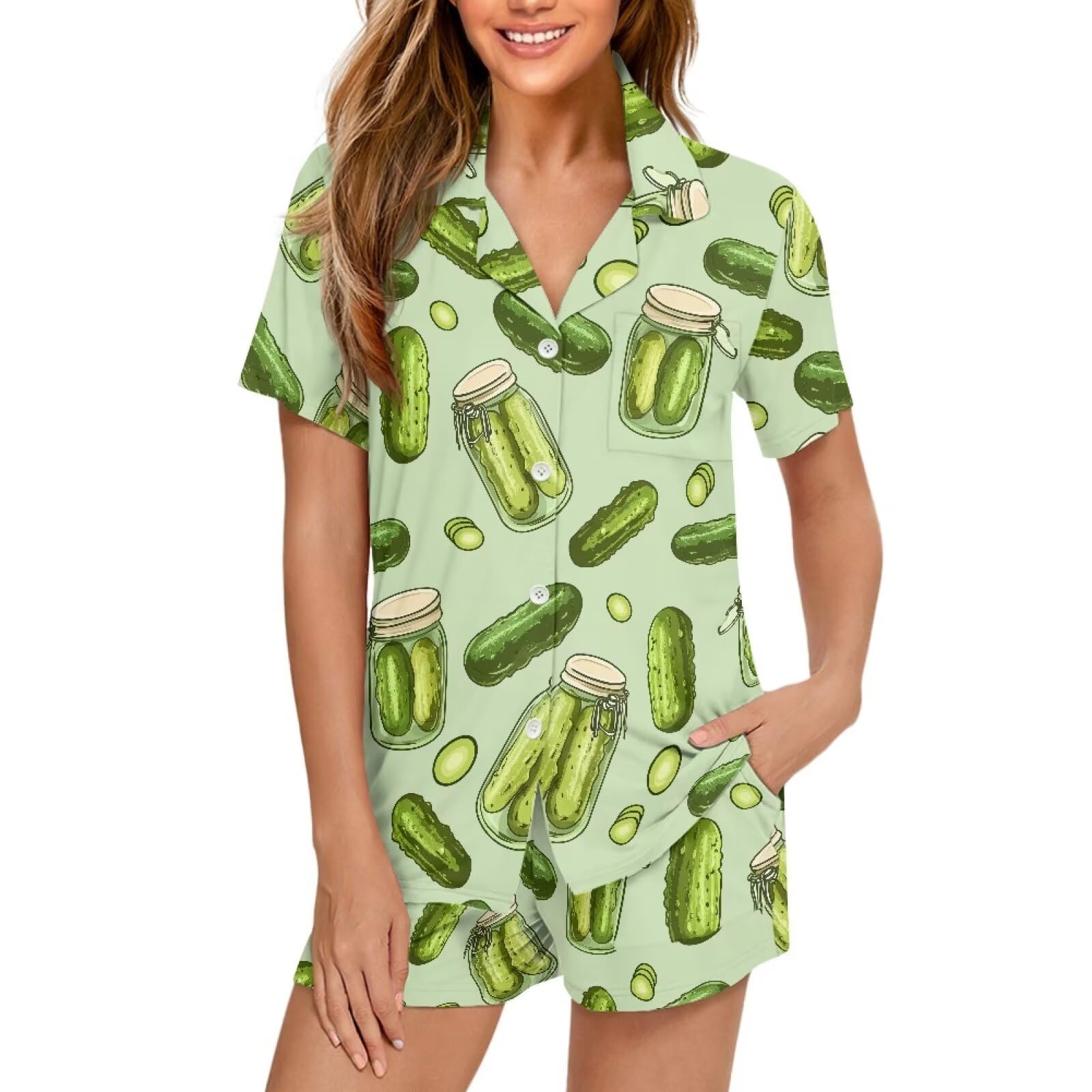 Renewold Women's Sleepwear Women's Pajama Sets Notch Collar Short Sleeve Button Down Nightwear Loungewear Top and Shorts