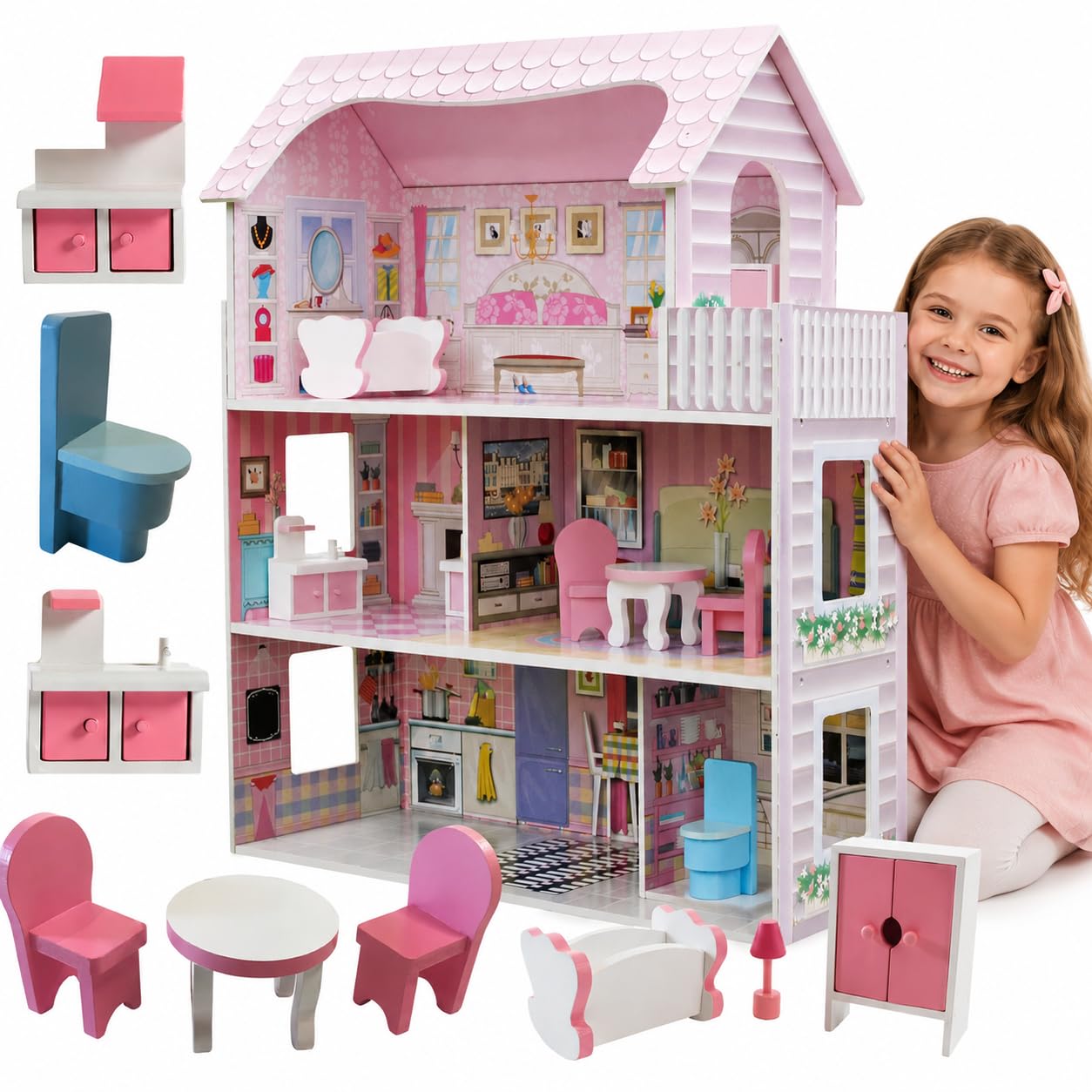 Mibbi Drewniany Domek dla Lalek HOMEE Duży XL – 3-Poziomowy z 8 Mebelkami i Balkonem, Różowy Zabawkowy Domek dla Dziewczynek 70x62x27 cm