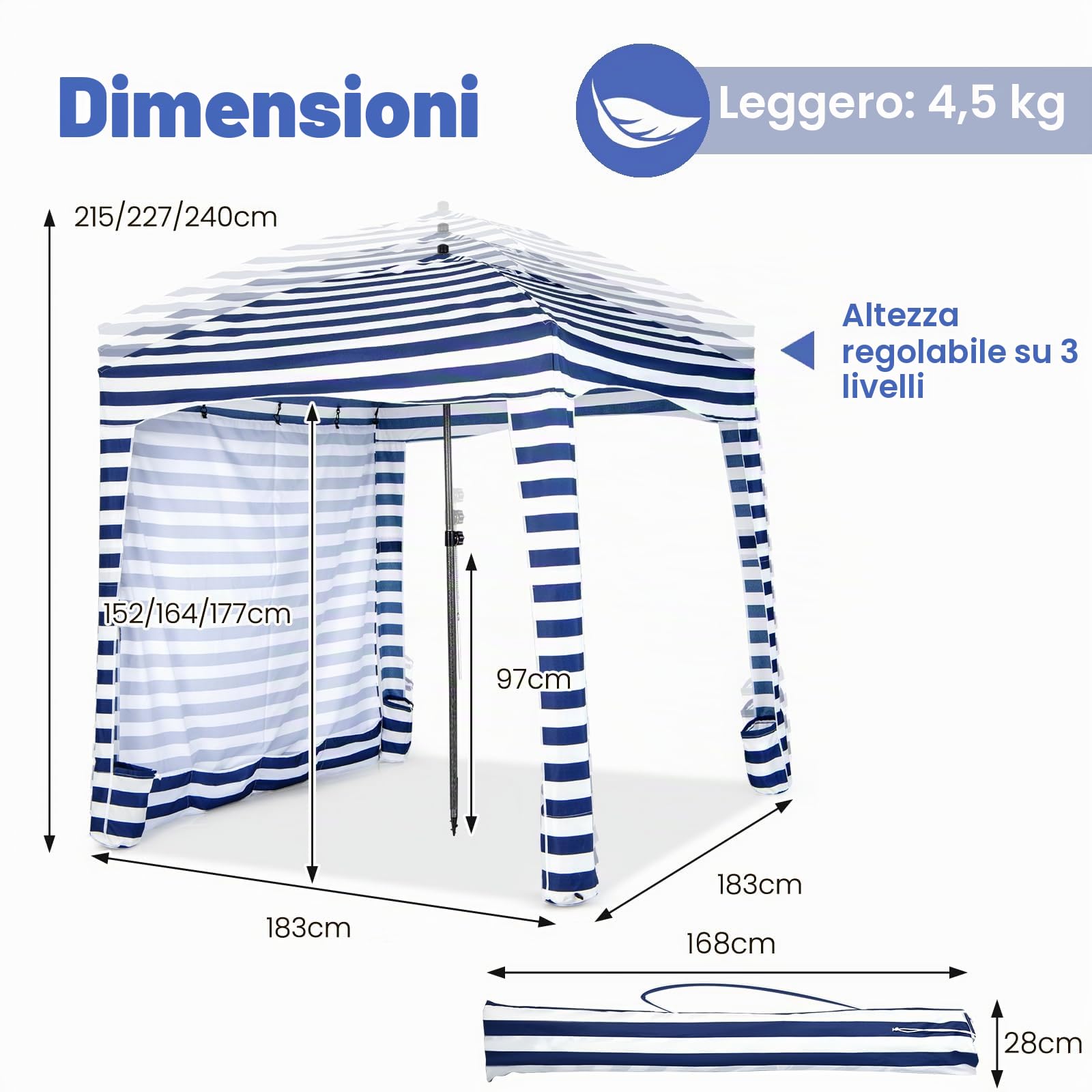 HOMASIS Tenda da Spiaggia Portatile 1,8 x 1,8 m, Parasole Spiaggia con Protezione Solare Regolabile in Altezza, Gazebo con Parete Laterale Rimovibile, Tenda con Borsa per il Trasporto (Blu)