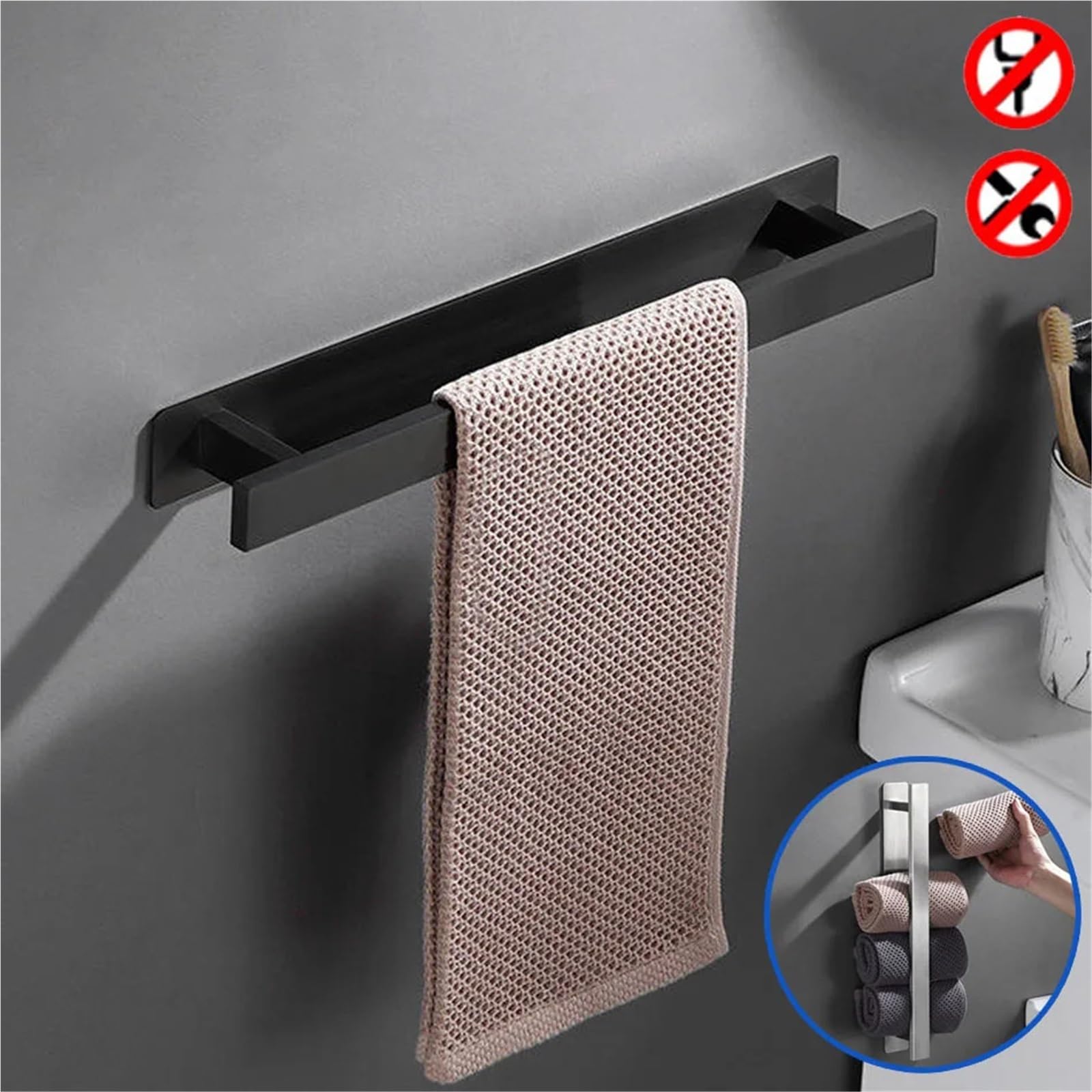 Toallero Toallero de Barra con Soporte Adhesivo, Negro, Acero Inoxidable 304, for Montaje en Pared, for Lavabo, Cocina, baño, toallero(Black)